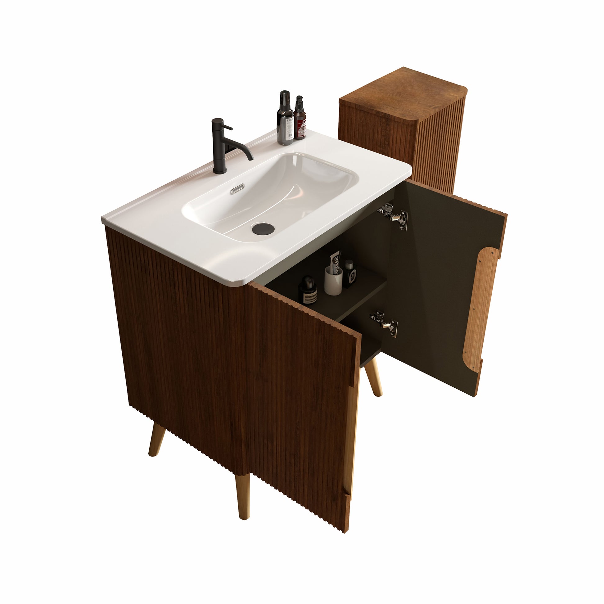 Etna 30" Striped Walnut Bathroom Vanity With Sink & Side Cabinet, Freestanding Vanity & Floating Storage Cabinet Combo For Modern Bathroom, Kd White Walnut Bathroom Modern Plywood Ceramic Mdf