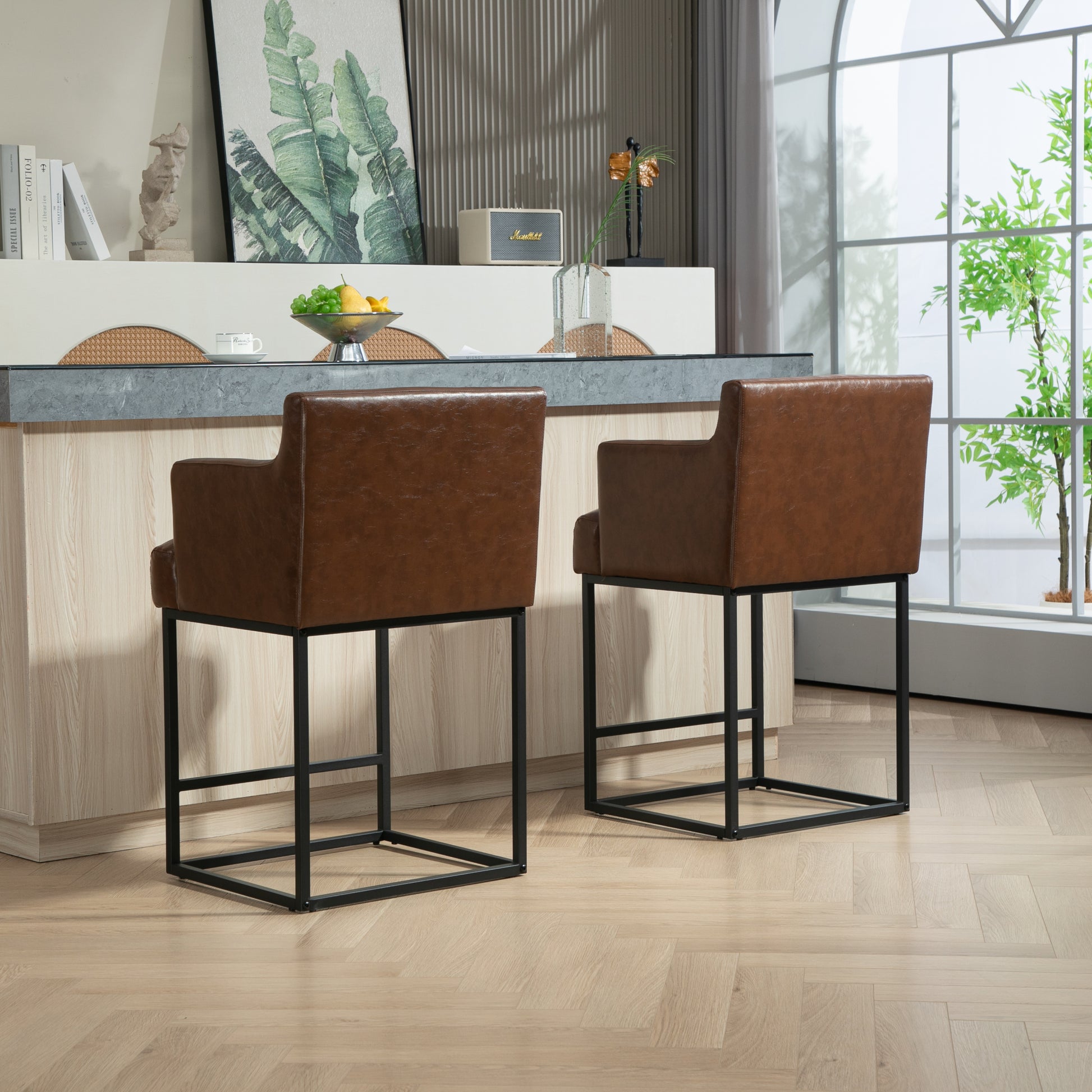 Coolmore Counter Height Bar Stools Set Of 2, Modern Barrel Bar Stool With Backrest And Arms, Black Metal Frames, Upholstered Bar Stools For Kitchen Island, Pub, Club Brown Pu Foam Pu Leather