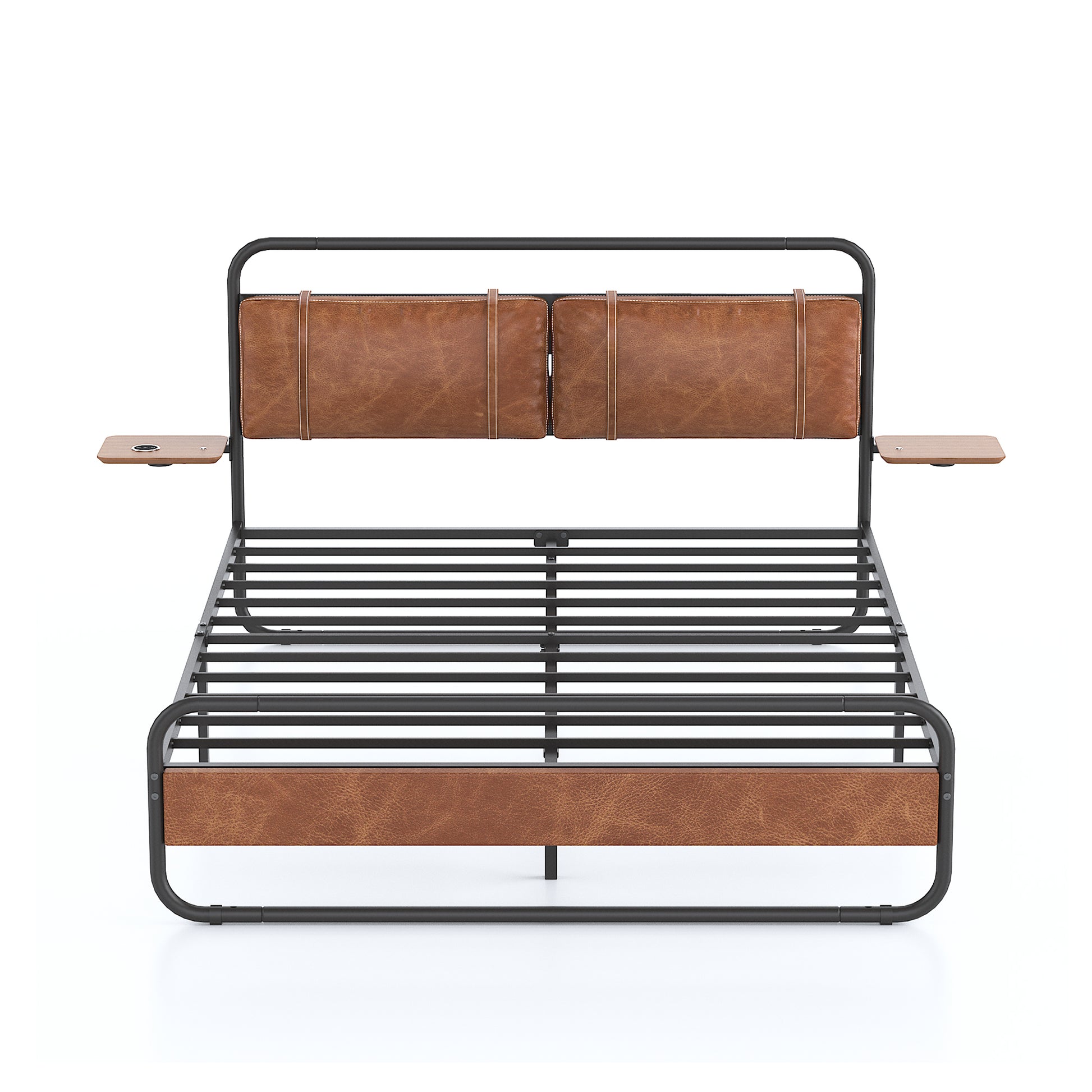 Queen Size Metal Bed Frame With Upholstered Headboard, With Wireless Charging And Usb A & Usb C, Touch Led Light,Oval Shaped Platform Bed With Under Bed Storage, No Box Spring Needed, Vintage Brown Box Spring Not Required Queen Antique Brown Metal