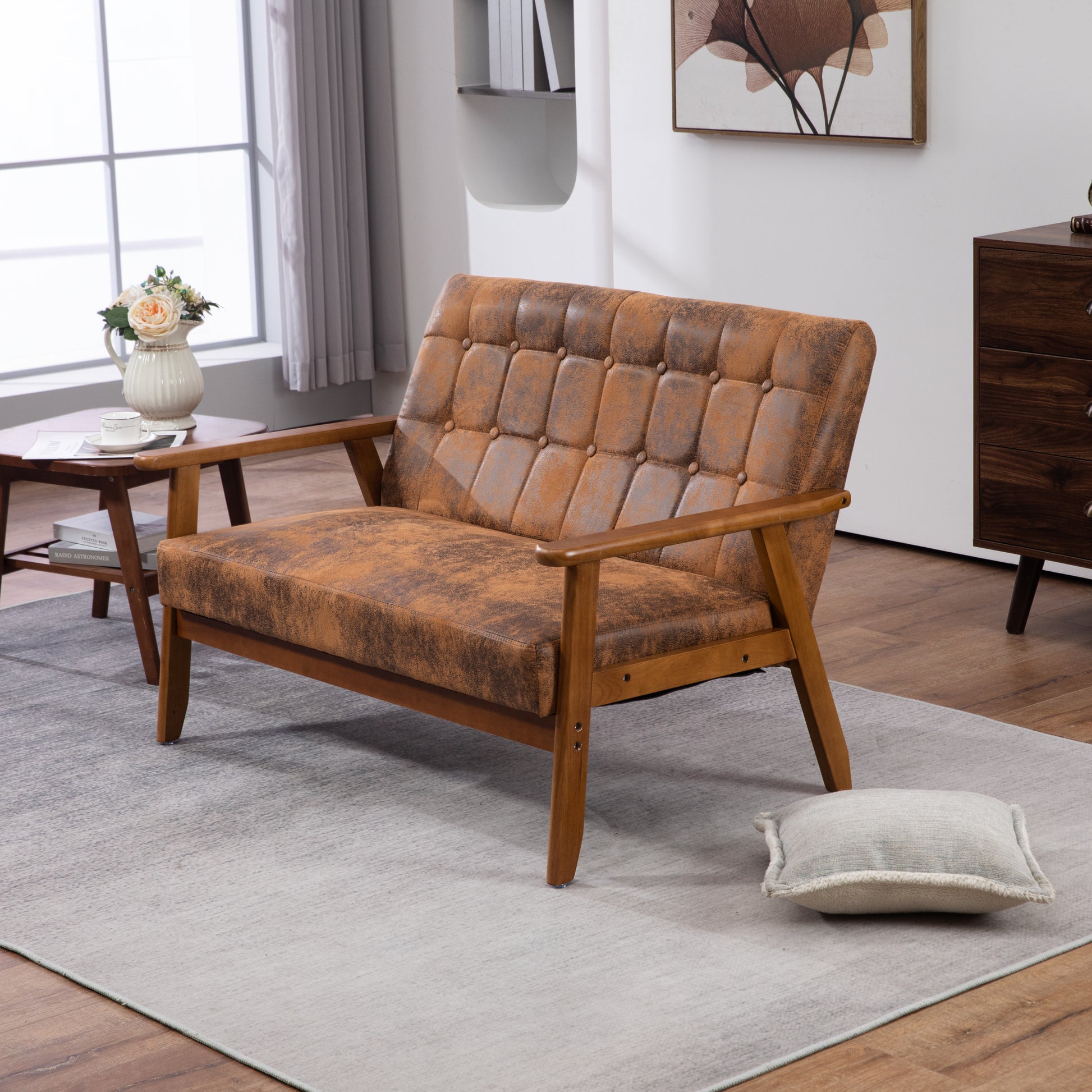 Coolmore Mid Century Modern Solid Loveseat Sofa Upholstered Microsuede Fabric Loveseat, 2 Seat Upholstered Loveseat Sofa Modern Couch Coffee Microsuede 2 Seat