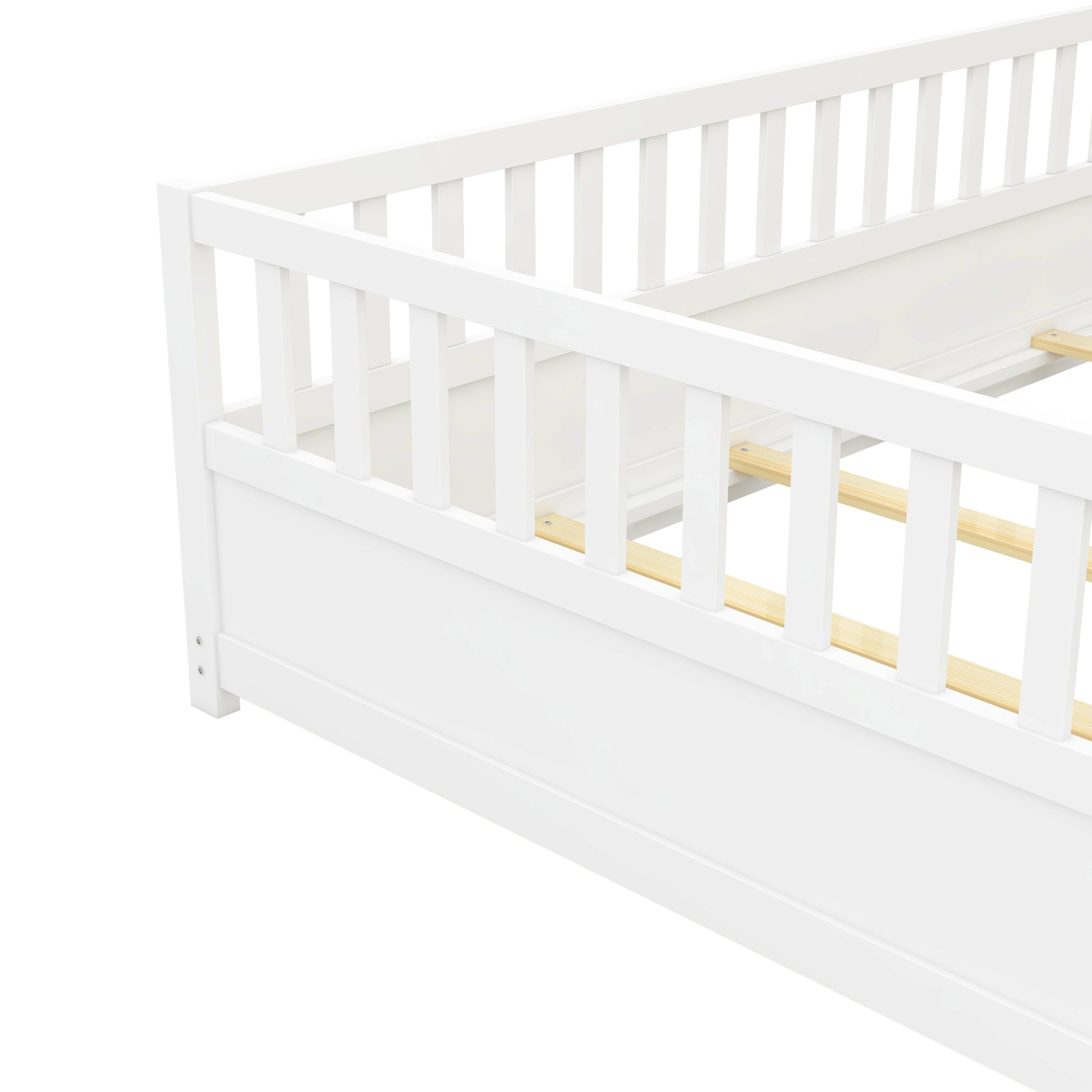 Full Size Floor Bed, Integral Construction With Super High Security Barrier, Door, Children'S Floor Bed Frame, Montessori Wooden Children'S Floor Bed, Support Slat White Box Spring Required Full White Wood Brown Bedroom American Design,Artsy Pine Bed