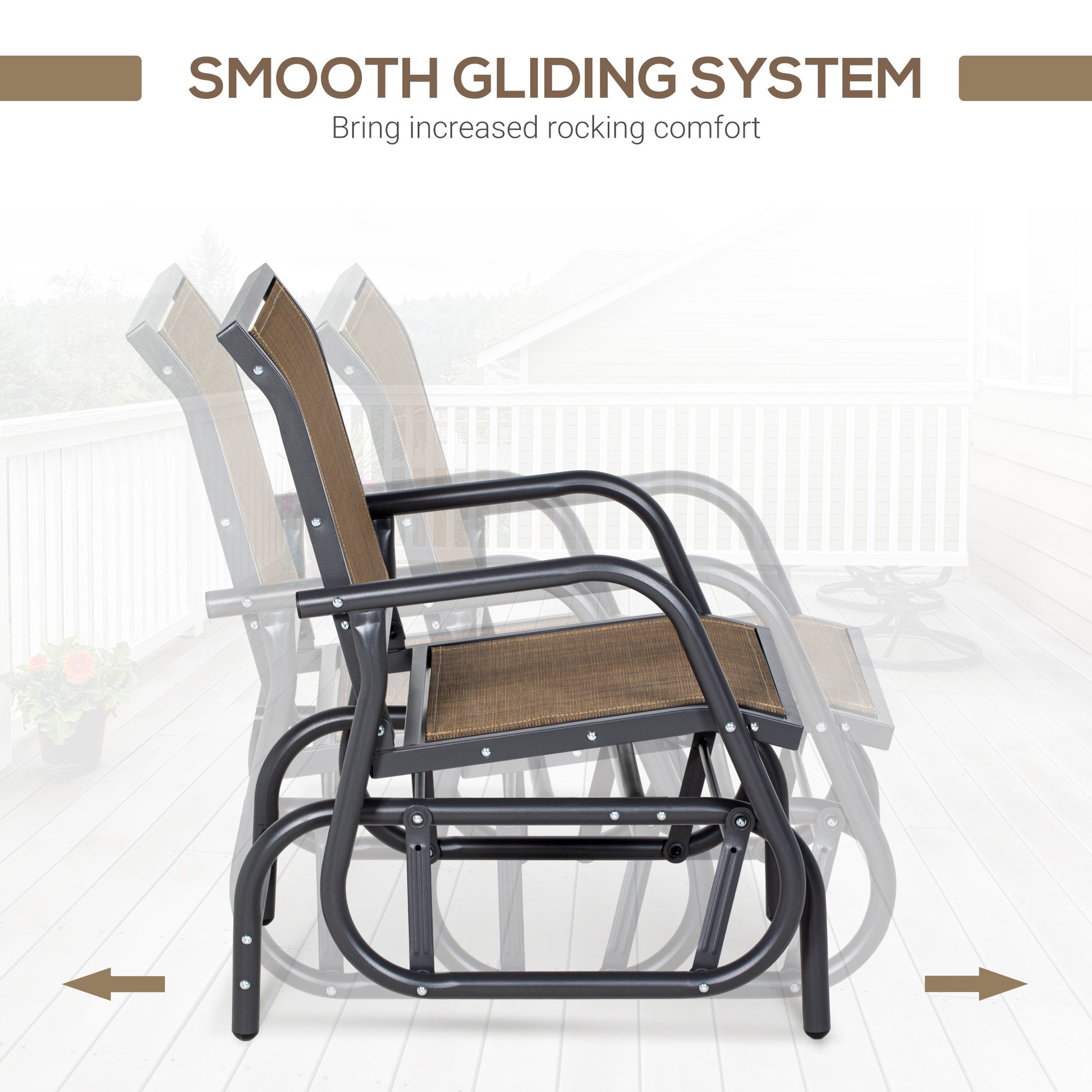 Outsunny Porch Glider, Metal Frame Swing Glider Chair Withmesh Fabric, Curved Armrests And Steel Frame For Garden, Poolside, Backyard, Balcony, Light Mixed Brown Brown Fabric Metal