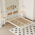 3 Pieces Bedroom Sets Queen Size Wooden Platform Bed With Natural Rattan Headboard, Nightstands Set Of 2 With Rattan Woven Surfaces And Three Drawers For Bedroom, White White Particle Board