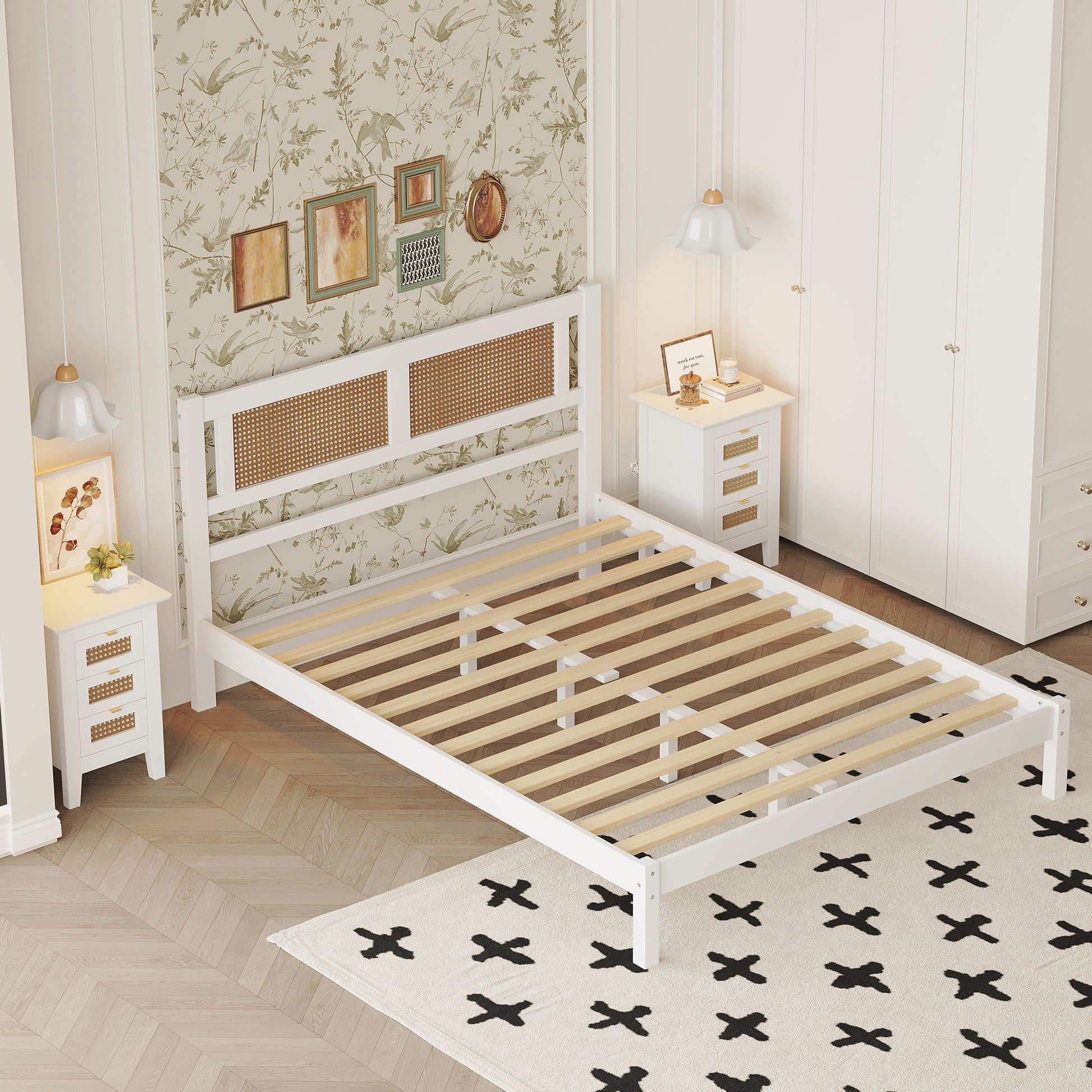 3 Pieces Bedroom Sets Queen Size Wooden Platform Bed With Natural Rattan Headboard, Nightstands Set Of 2 With Rattan Woven Surfaces And Three Drawers For Bedroom, White White Particle Board