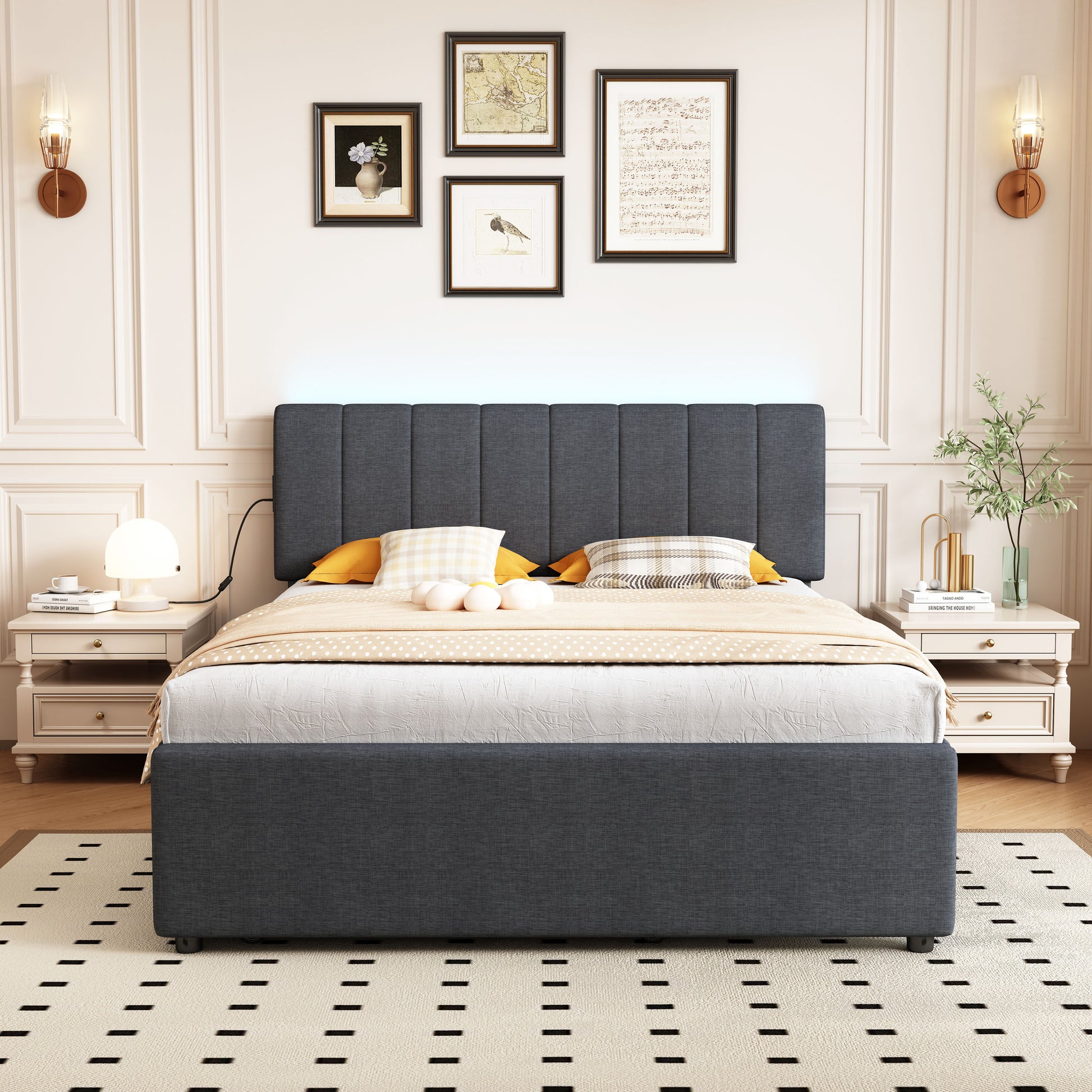 Full Size Upholstered Platform Bed With Twin Size Trundle And 1 Sets Of Usbwith Remote Control Intelligence Led Lights With App,Linen Fabric, Dark Grey Full Dark Gray Composite Linen Fabric