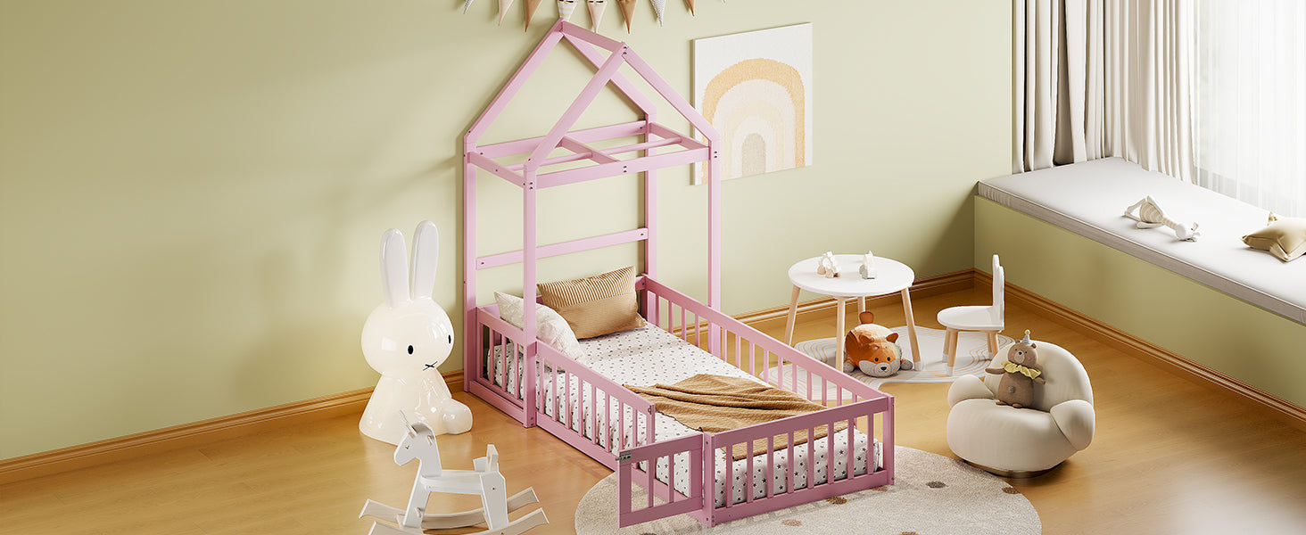 Wooden Floor Bed With Fence Railings And Detachable House Shape Headboard, Twin Size Bed With Kids Dress Up Rack, Kids Montessori Style Playhouse Frame For Girls Boys, Pink Twin Pink Wood