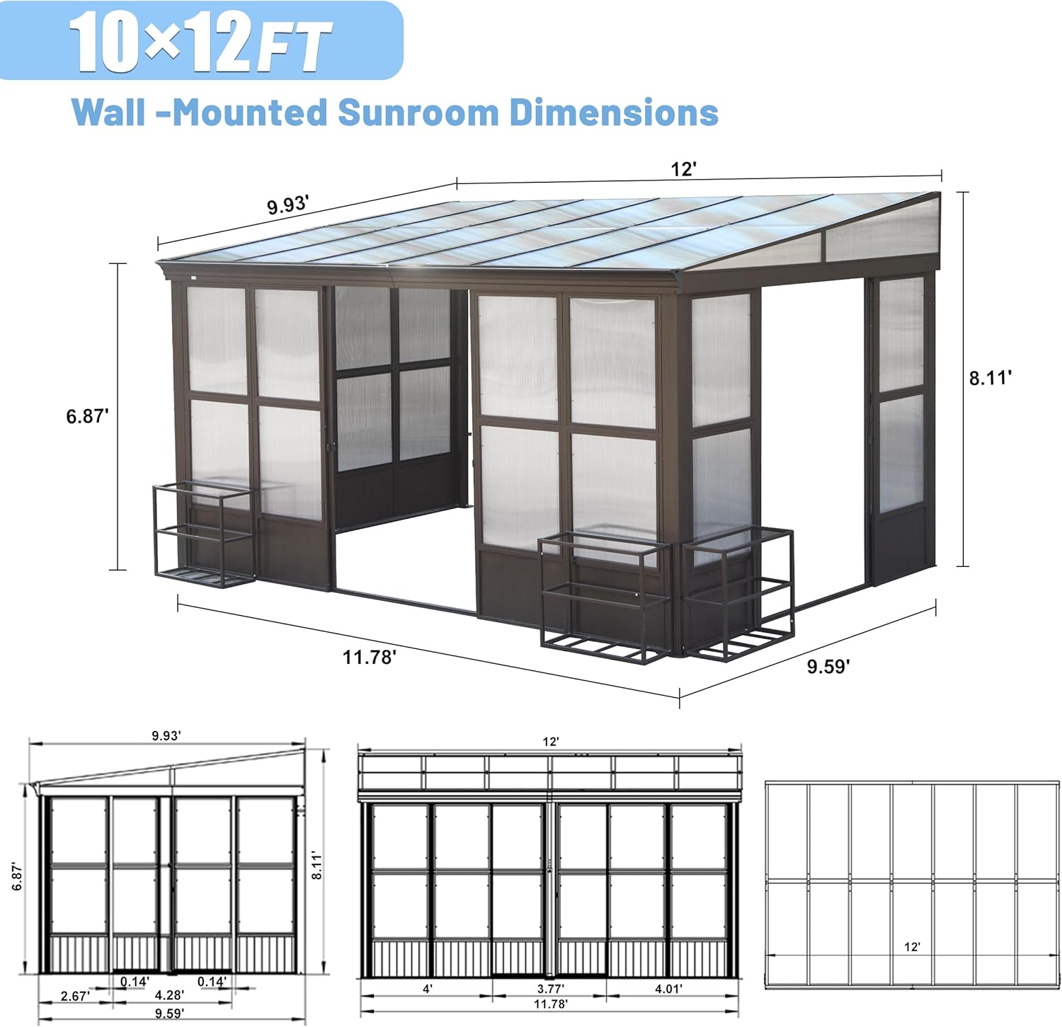 10X12Ft All Season Sunroom, Outdoor Permanent Wall Mounted Solarium With Detachable Polycarbonate Windows, Aluminum Lean To Gazebo Sun Room With 2 Lockable Sliding Doors For Garden Patio Deck Dark