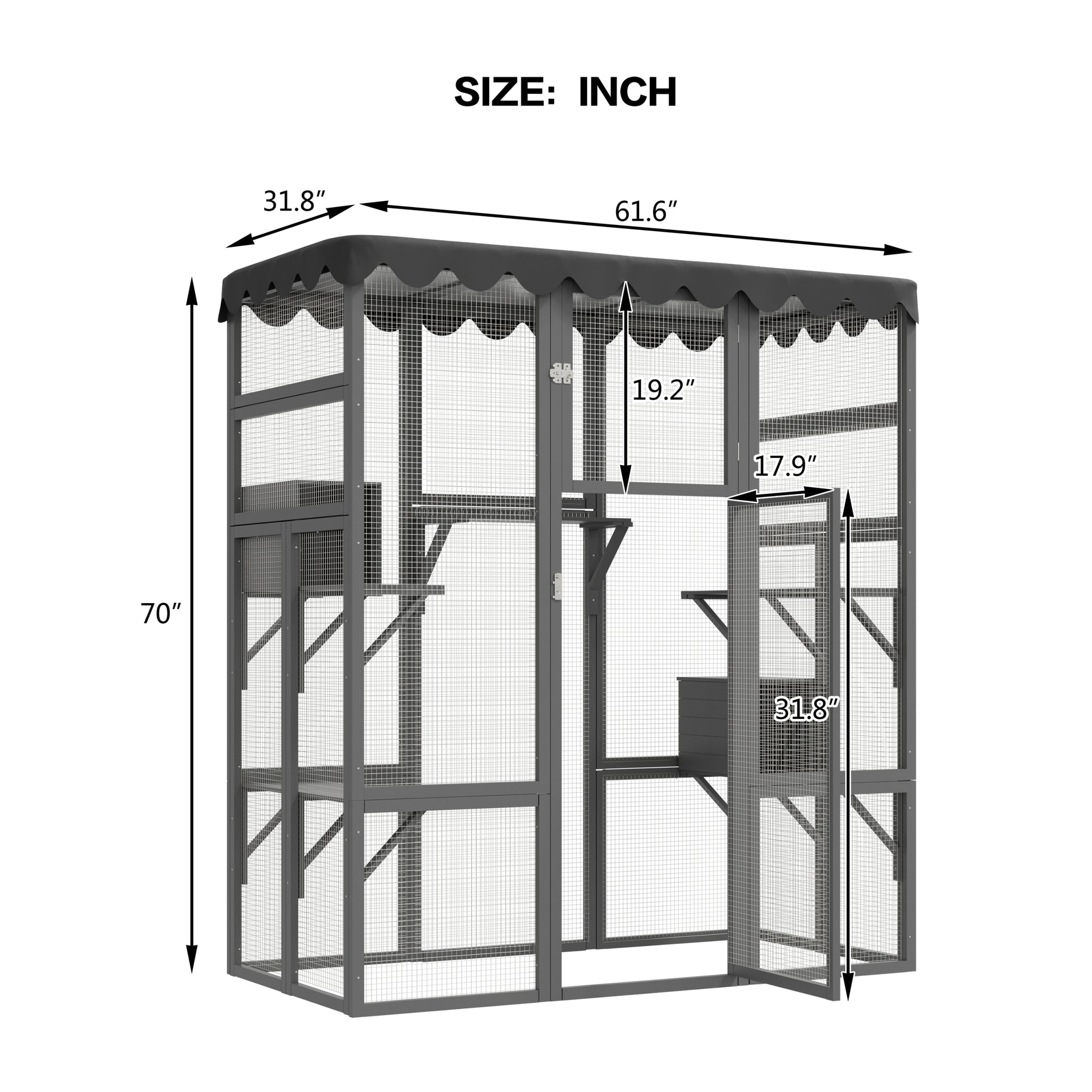 Outdoor Cat House Big Catio Wooden Feral Cat Shelter Enclosure With Large Spacious Interior, 6 High Ledges, Weather Protection Asphalt Roof Grey Wood