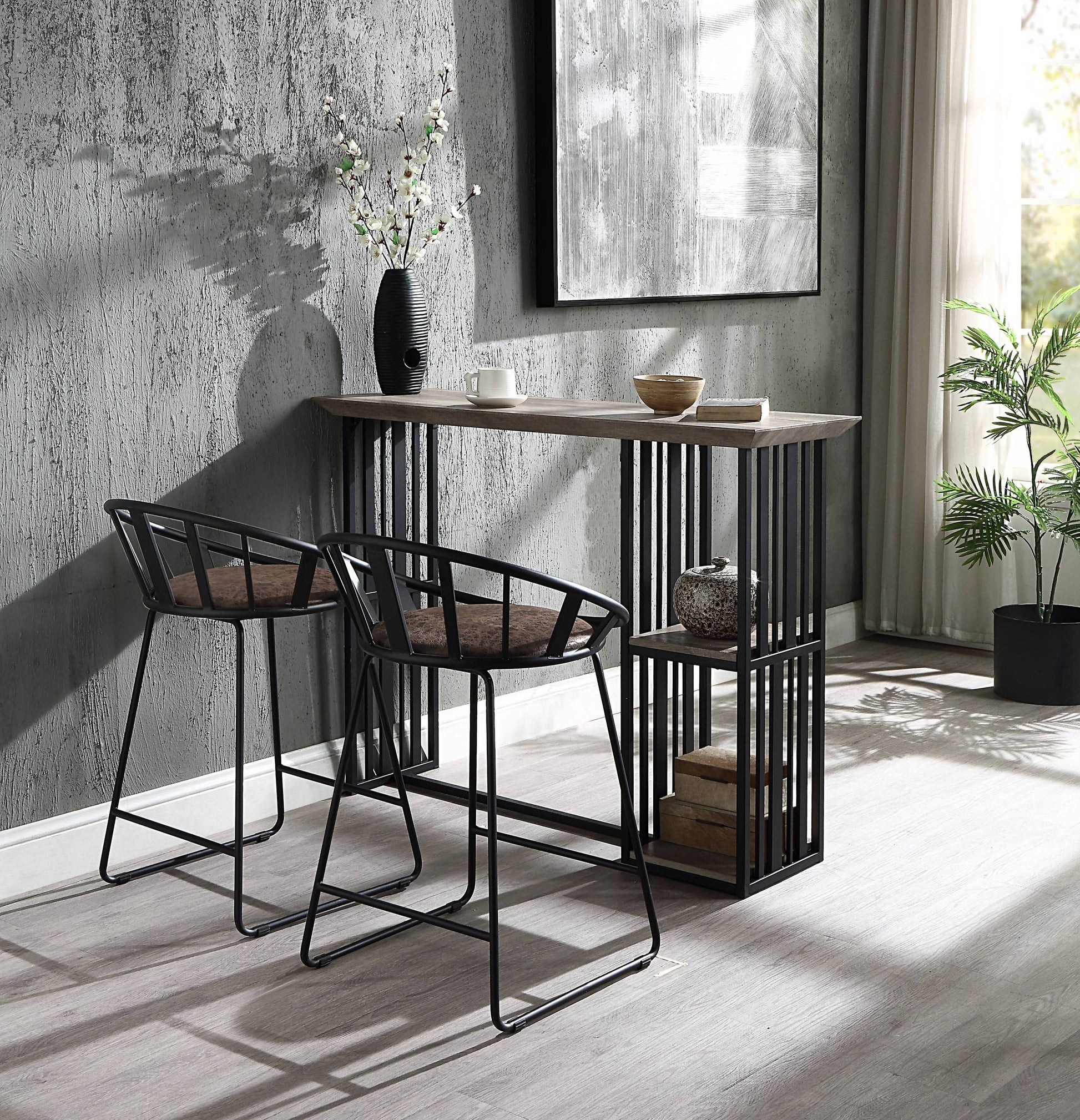 Oak And Sandy Black 2 Shelf Counter Height Table Oak Seats 4 Dining Room Industrial Rectangular Wood Metal Trestle