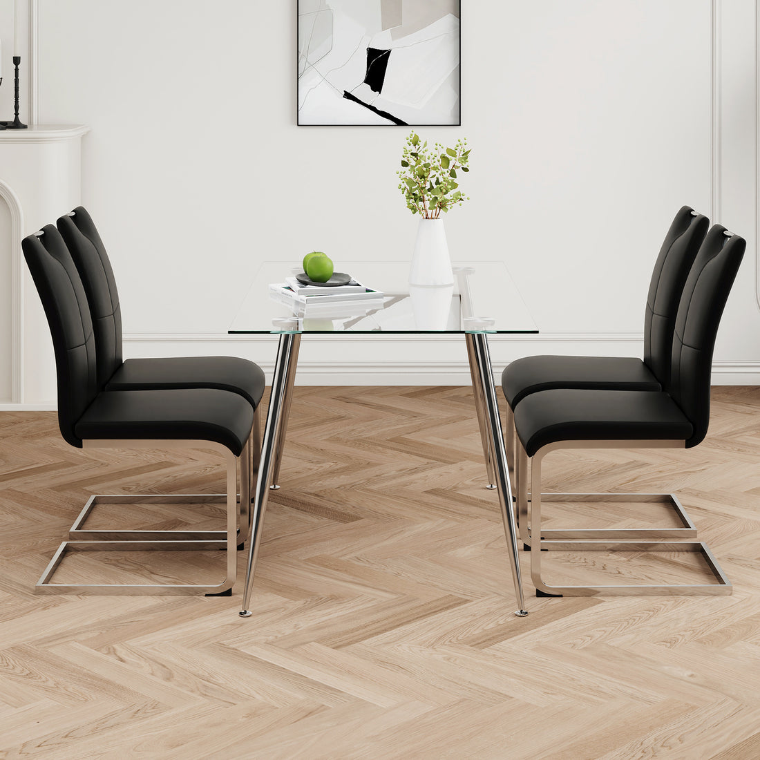 Modern Simple Rectangular Glass Dining Table, Solid Tempered Glass Tabletop, Electroplated Table Legs, Black Pu Dining Chair Set, Suitable For Restaurant Kitchen Use Set Of 5 Upholstered Chair Glass Black Seats 4 Metal Rectangular Dining Table With Chair