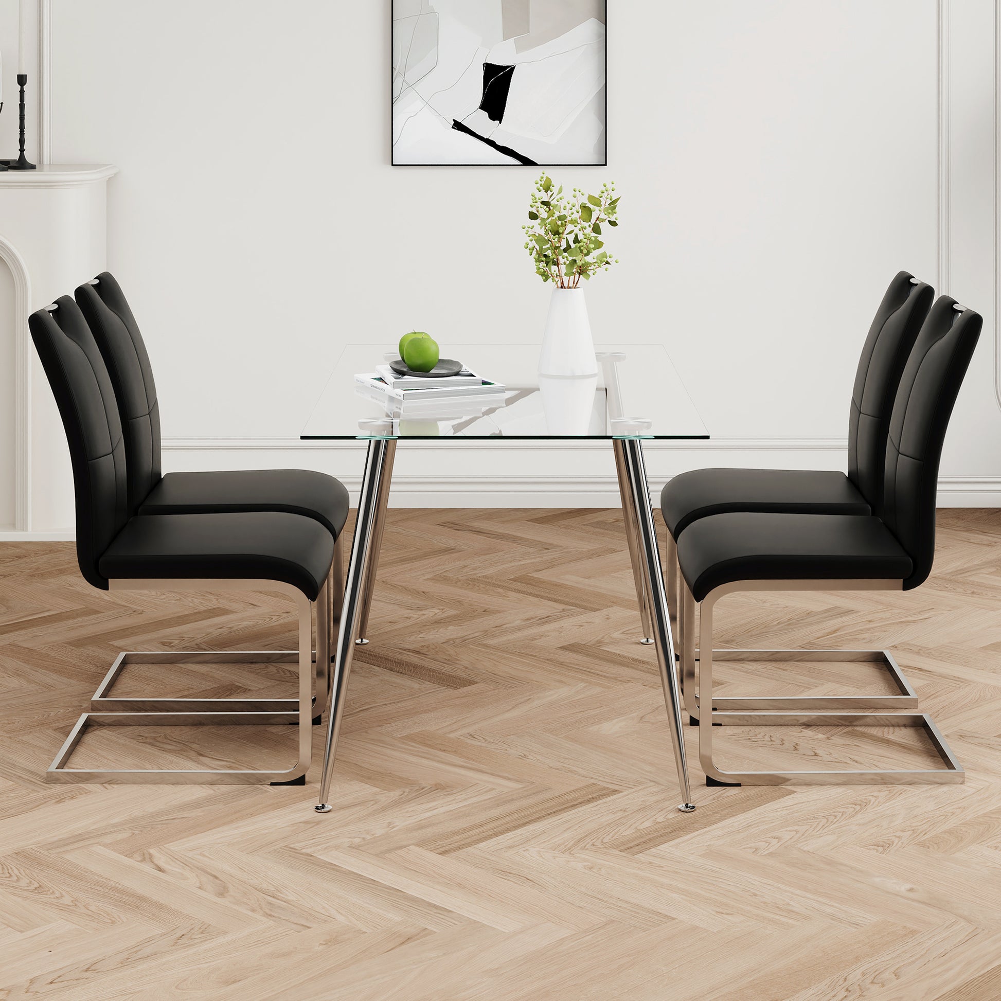 Modern Simple Rectangular Glass Dining Table, Solid Tempered Glass Tabletop, Electroplated Table Legs, Black Pu Dining Chair Set, Suitable For Restaurant Kitchen Use Set Of 5 Upholstered Chair Glass Black Seats 4 Metal Rectangular Dining Table With Chair