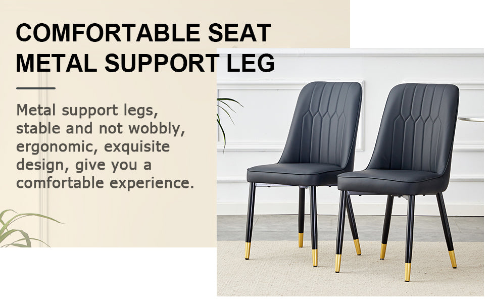 Table And Chair Set.Modern Rectangular Dining Table With Black Textured Stickers Glass Tabletop And Gold Plated Metal Legs.Paried With 4 Comfortable Chairs With Pu Seats And Black Metal Legs. Black Gold Seats 4 Glass Metal