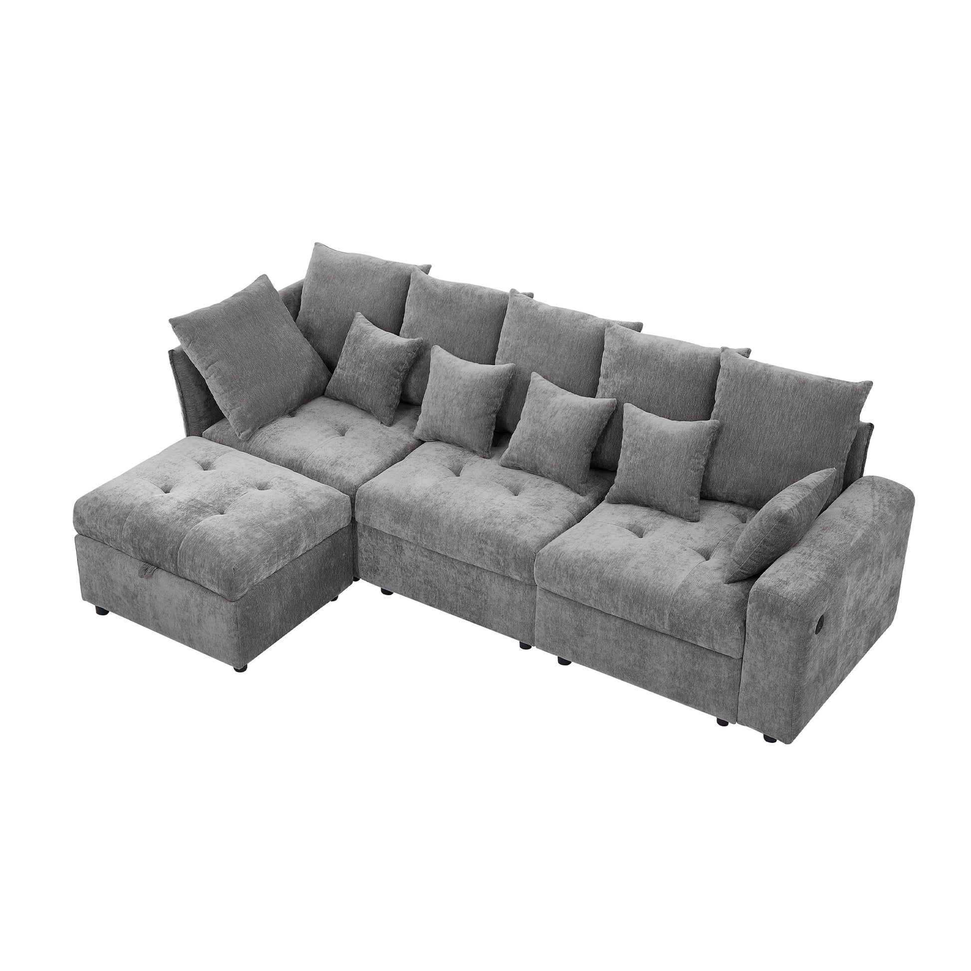 96.45"Sectional Sofa Modular Sofa Couch With Three Usb Ports, A Removable Storage Ottoman And Five Back Pillows For Living Room, Grey Grey Foam Chenille 4 Seat