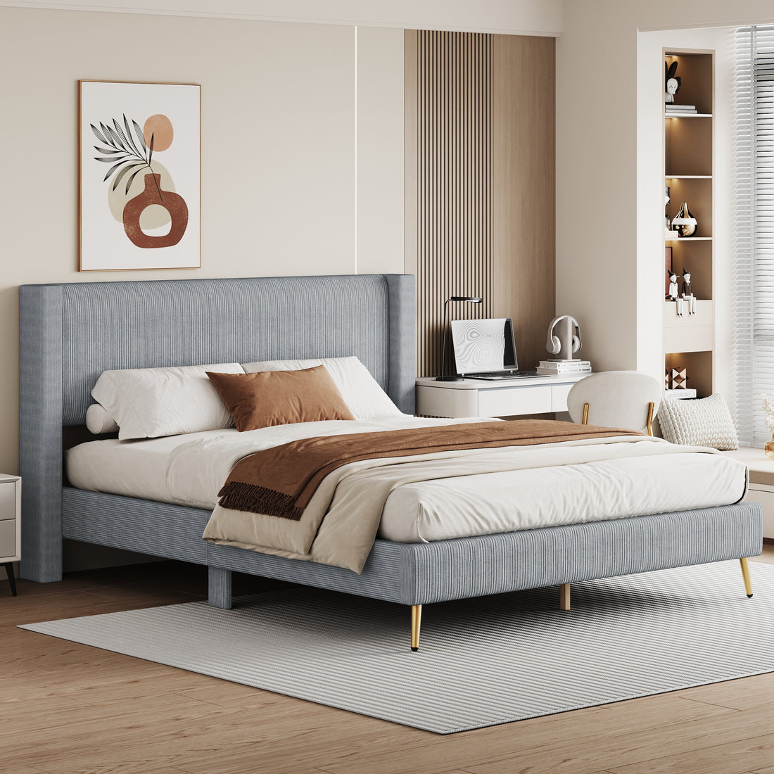 Queen Size Corduroy Platform Bed With Metal Legs, Gray Old Sku:Wf300238Aae Queen Gray Corduroy