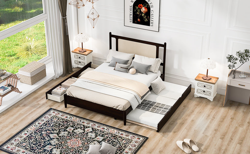 Queen Size Wooden Rattan Platform Bed, With 2 Big Drawers, T Size Trundle, Espresso Queen Espresso Plywood