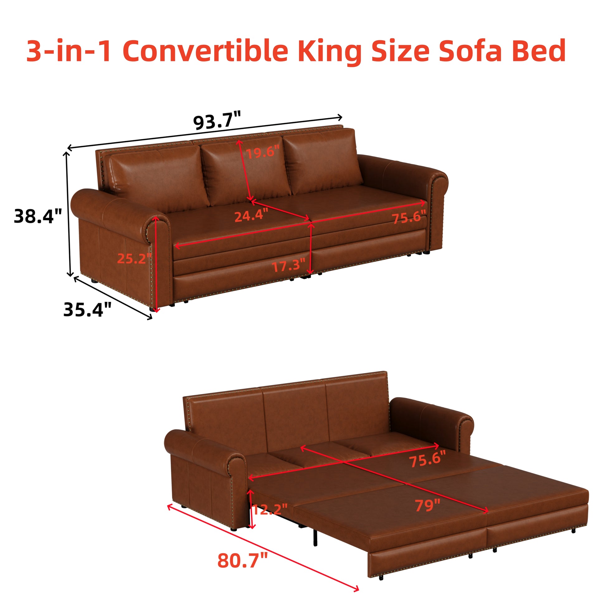 Chesterfield Sofa,93.7" King Pull Out Sofa Bed, 3 In 1 Faux Leather Convertible Sleeper Sofa With Trim & Rolled Arm,Multi Functional Sofa Bed For Living Room,Bedroom,Apartment,Office Light Brown