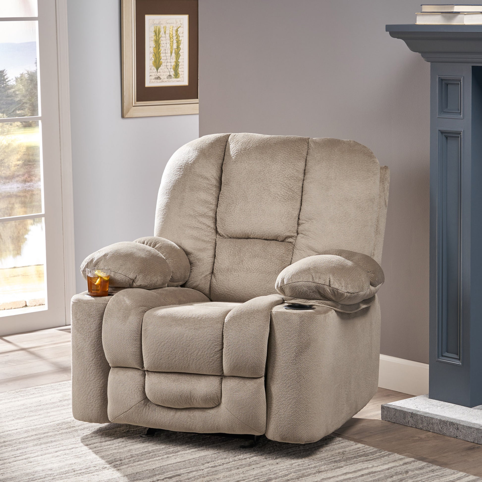 Luxurious Manual Recliner Chair In Coffee, Skin Friendly Fabric, Dual Cup Holders Coffee Fabric