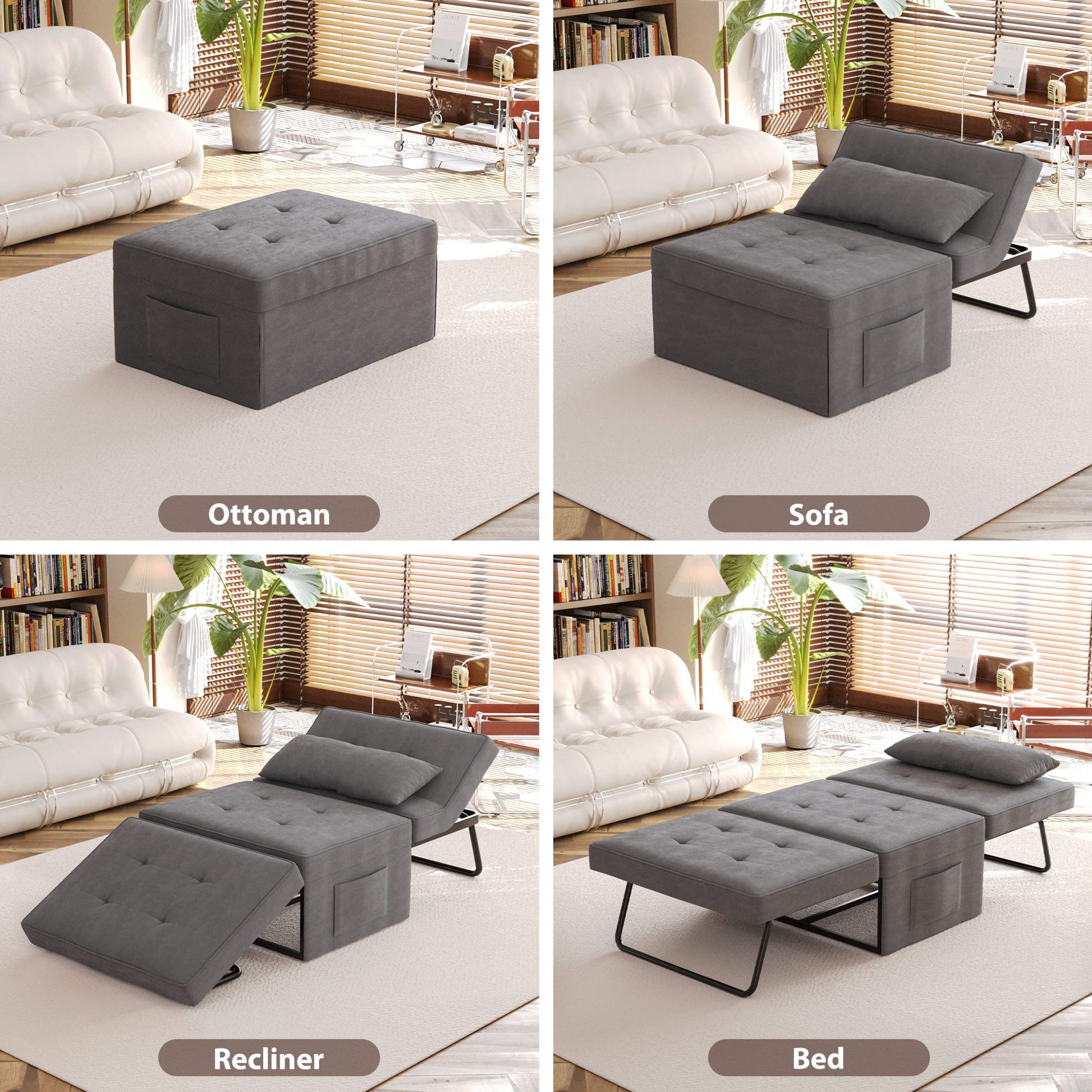 Sofa Bed,Chair Bed,Sleeper Couch,4 In 1 Multi Function Folding Ottoman Bed With Slide Storagepocket For Living Room,Bedroom,Hallway Dark Gray Espresso Bedroom Mid Century Modern Oak Upholstered Fabric