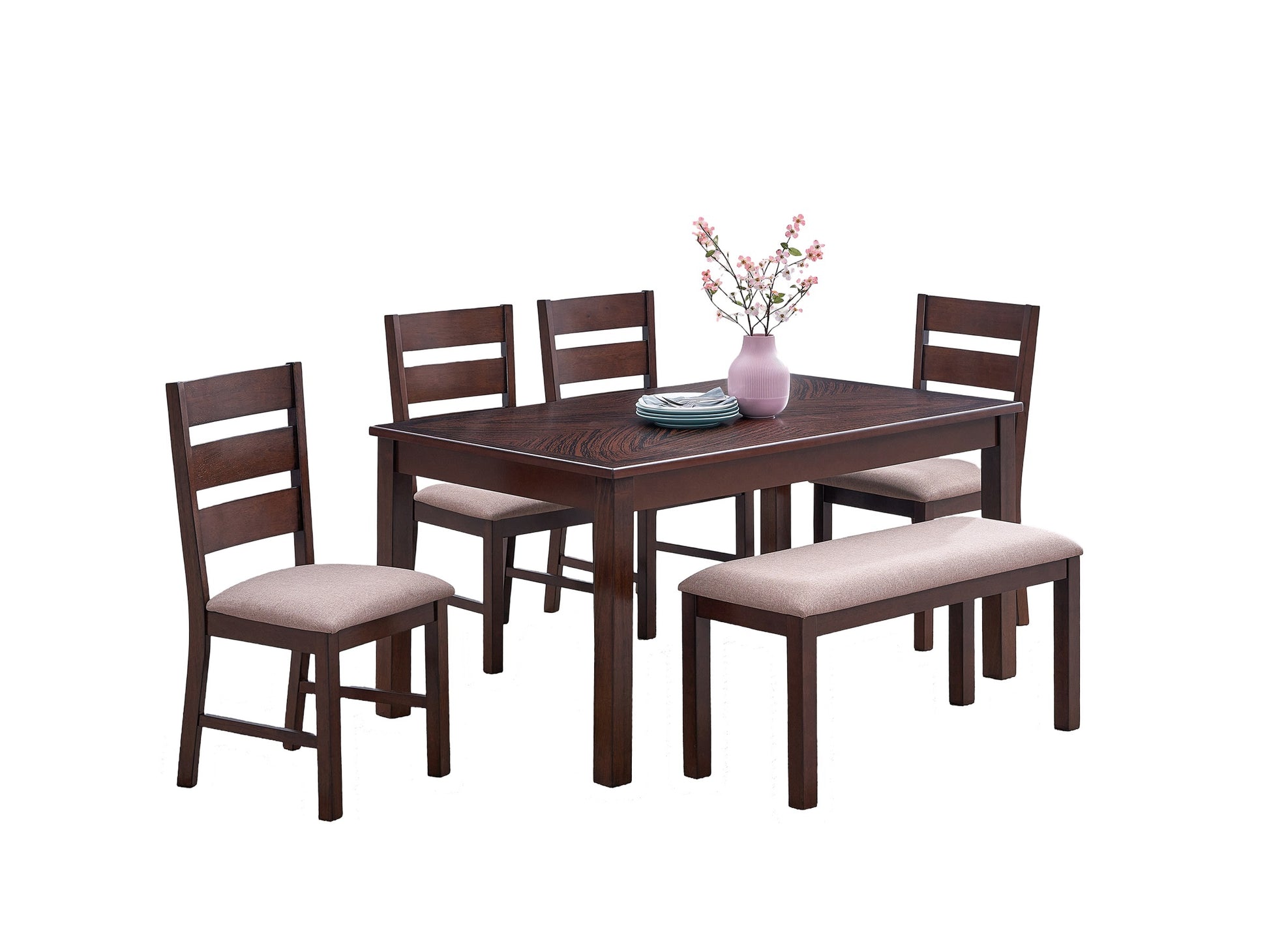 Contemporary Antique Cherry 6Pc Dining Set Table And 4X Side Chairs 1X Bench Melamine Table Top Fabric Cushion Seats Chairs Solid Wood Dining Room Furniture Dining Room Solid Wood Rubberwood Rectangular Dining Table With Chair And Bench Upholstered Chair