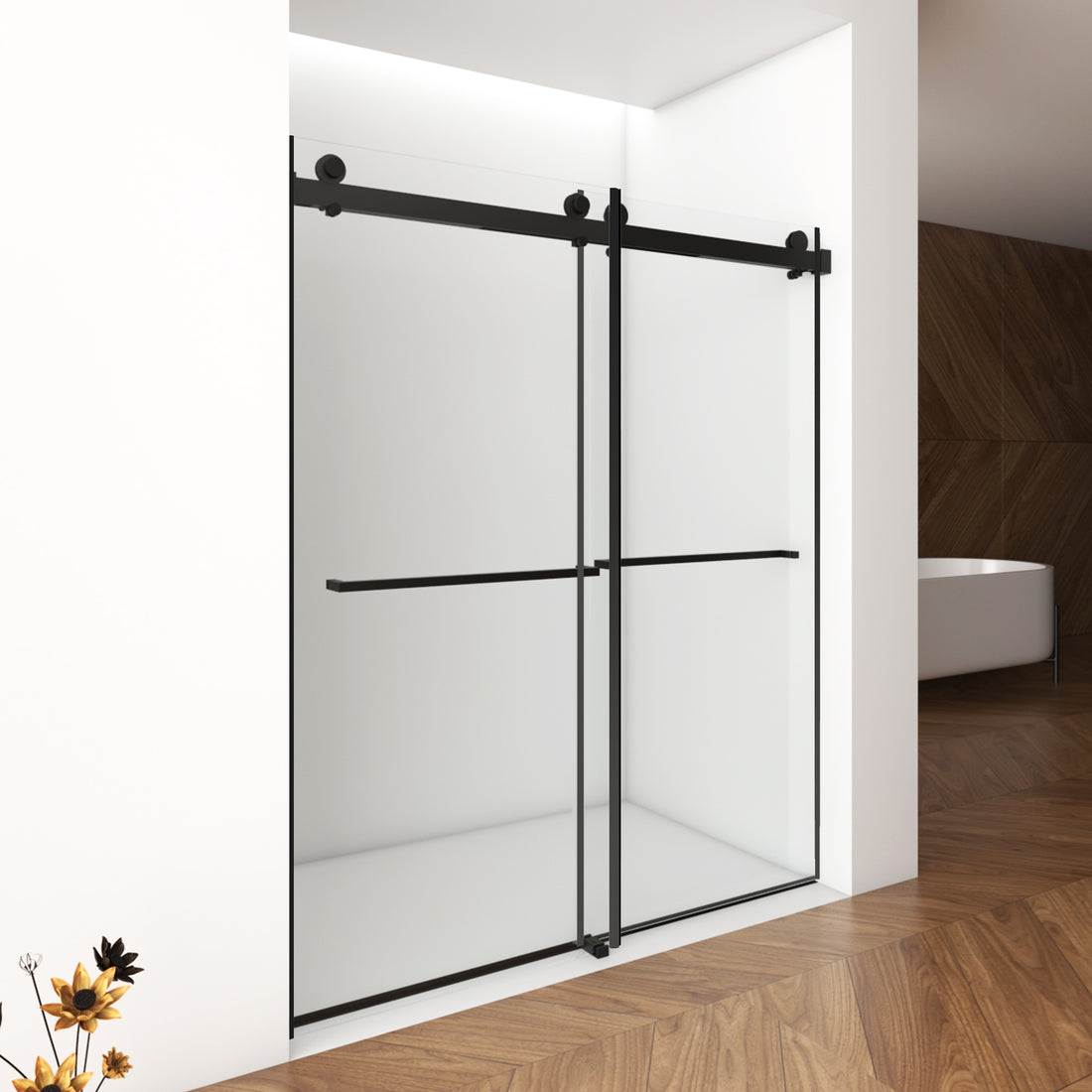 56" 60"W X 70"H Frameless , Double Sliding , 5 16" 8Mm Laminated Glass Premium Tempered Glass Shower Enclosure,Double Side Easy Clean Coat,Matte Black Finished With Buffer Matte Black Bathroom American Design Stainless Steel