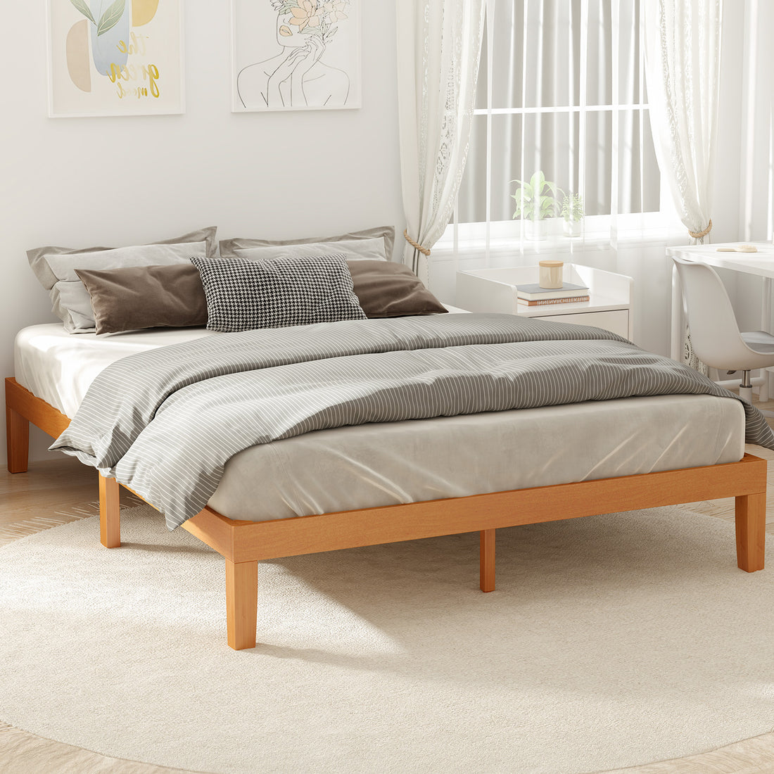 Queen Size Wood Bed Frame, No Spring Needed, 12In Wooden Platform Bed Frame Mattress Foundation With Support Slats, Natural Pine Wood Wood