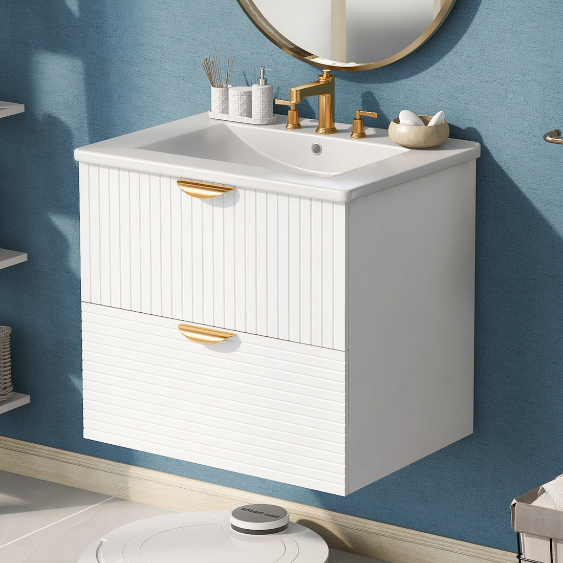 Modern 24 Inch Wall Mounted Bathroom Vanity With 2 Drawers, White Ideal For Small Bathrooms White Bathroom Mdf