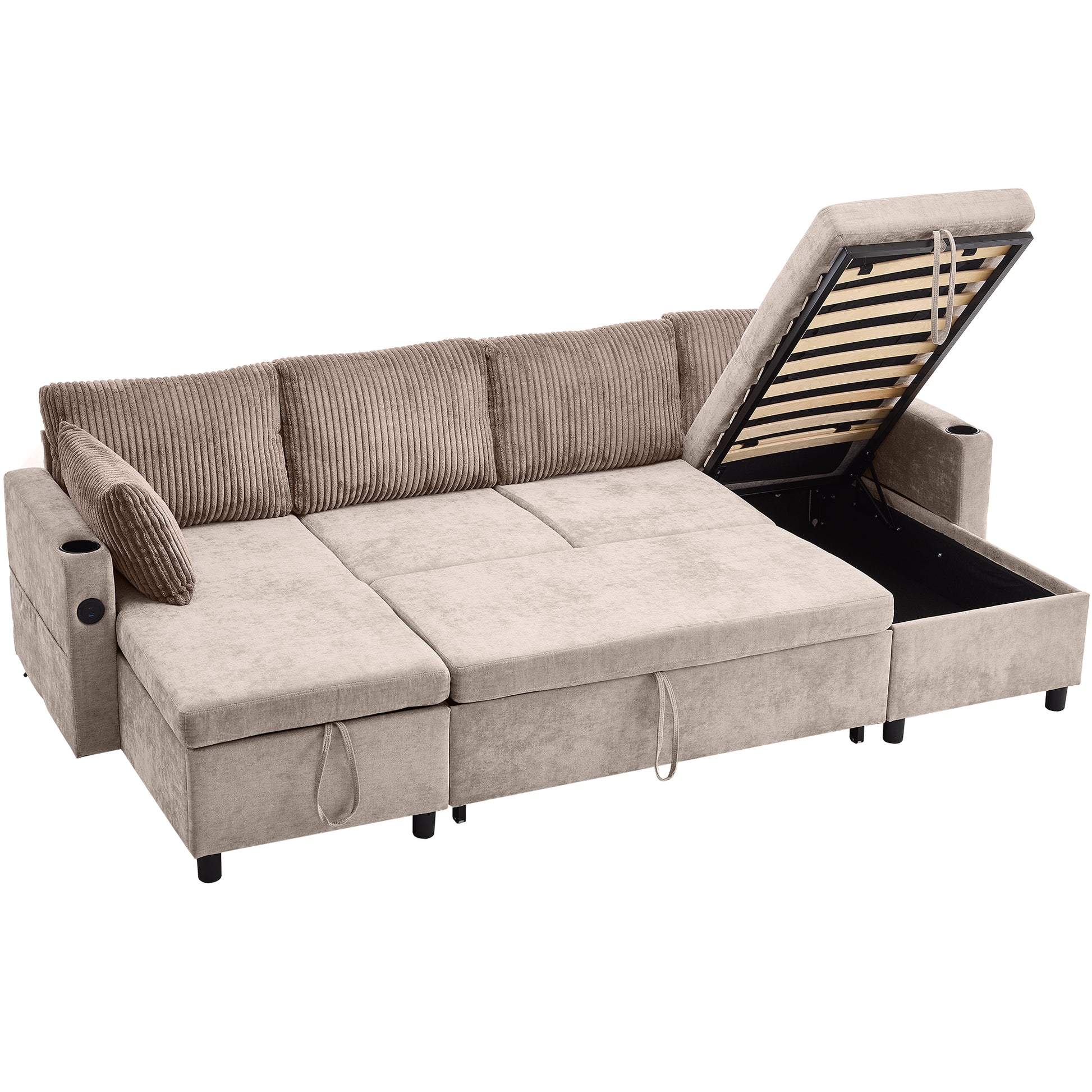 111.8" Sectional Sofa Pull Out Sofa Bed Versatile Sofa Sleeper With Large Storage Space, Two Usb Ports And Two Cup Holders For Living Room, Brown Brown Foam Chenille 4 Seat