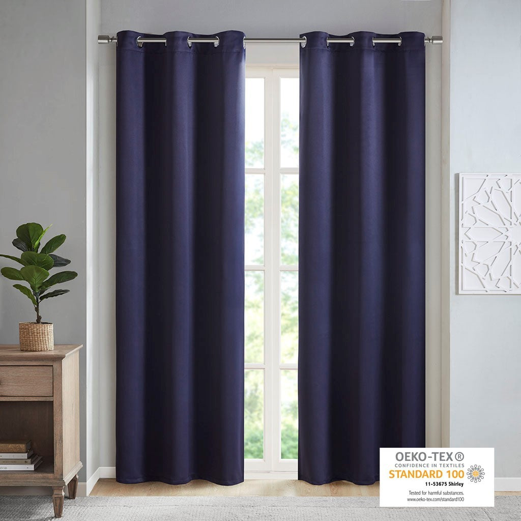 Solid Blackout Triple Weave Grommet Top Curtain Panel Pair Navy Polyester