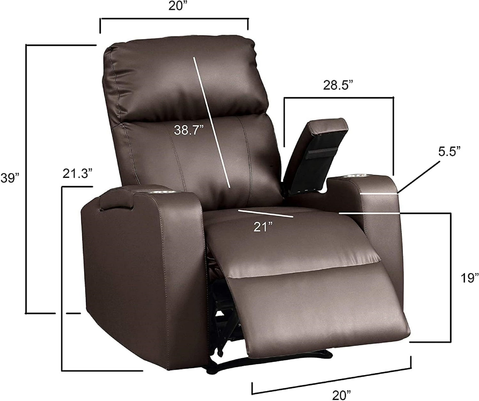 1Pc Modern Power Recliner Glued Solid Wood Frame Heavy Duty Steel Rail Upholstered Faux Leather Fabric Single Stitching Two Cup Holders Hickory Espresso Color Espresso Faux Leather Wood Primary Living Space Cushion Back Contemporary,Modern Foam Faux