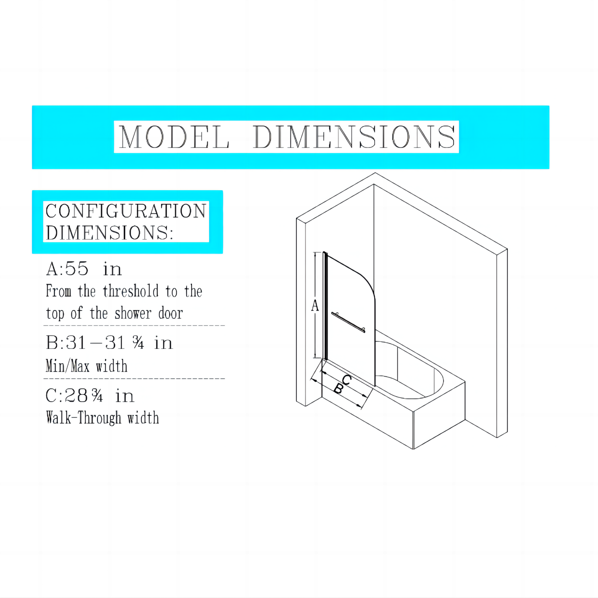 31 In. W * 55 In. H Frameless Shower Doors For Bathtub, 1 4" 6Mm Thick Sgcc Tempered Glass Door, Pivot Shower Door Panel For Bathroom, Chrome Chrome Glass Metal