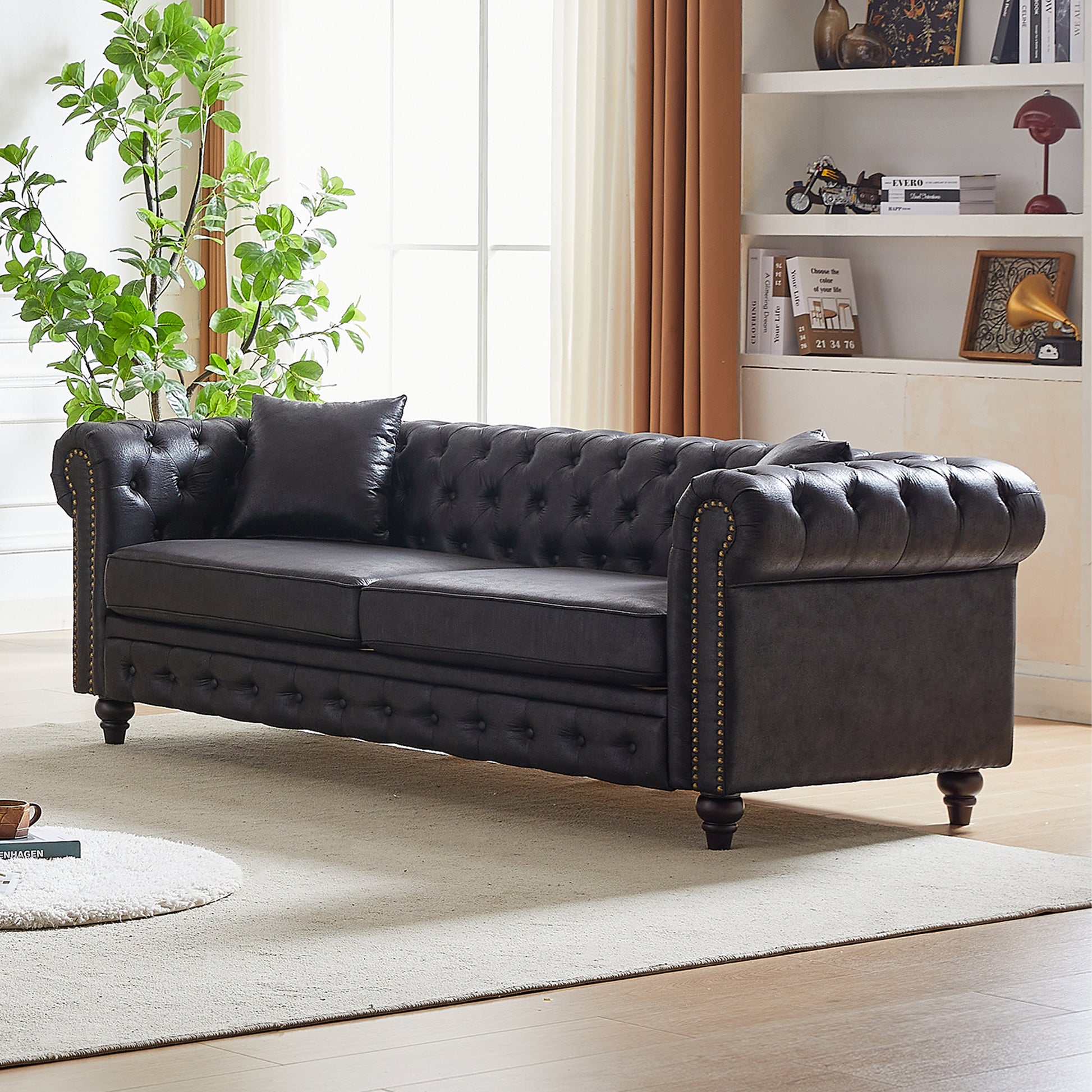 Fx 85.5"Living Room With Tech Fabric Chesterfield Sofa With Rolled Arms 3 Seater Sofa With Button Design And 2 Cushions For Apartment, Office, Living Room Black Wood Primary Living Space Pine Foam Fabric 3 Seat