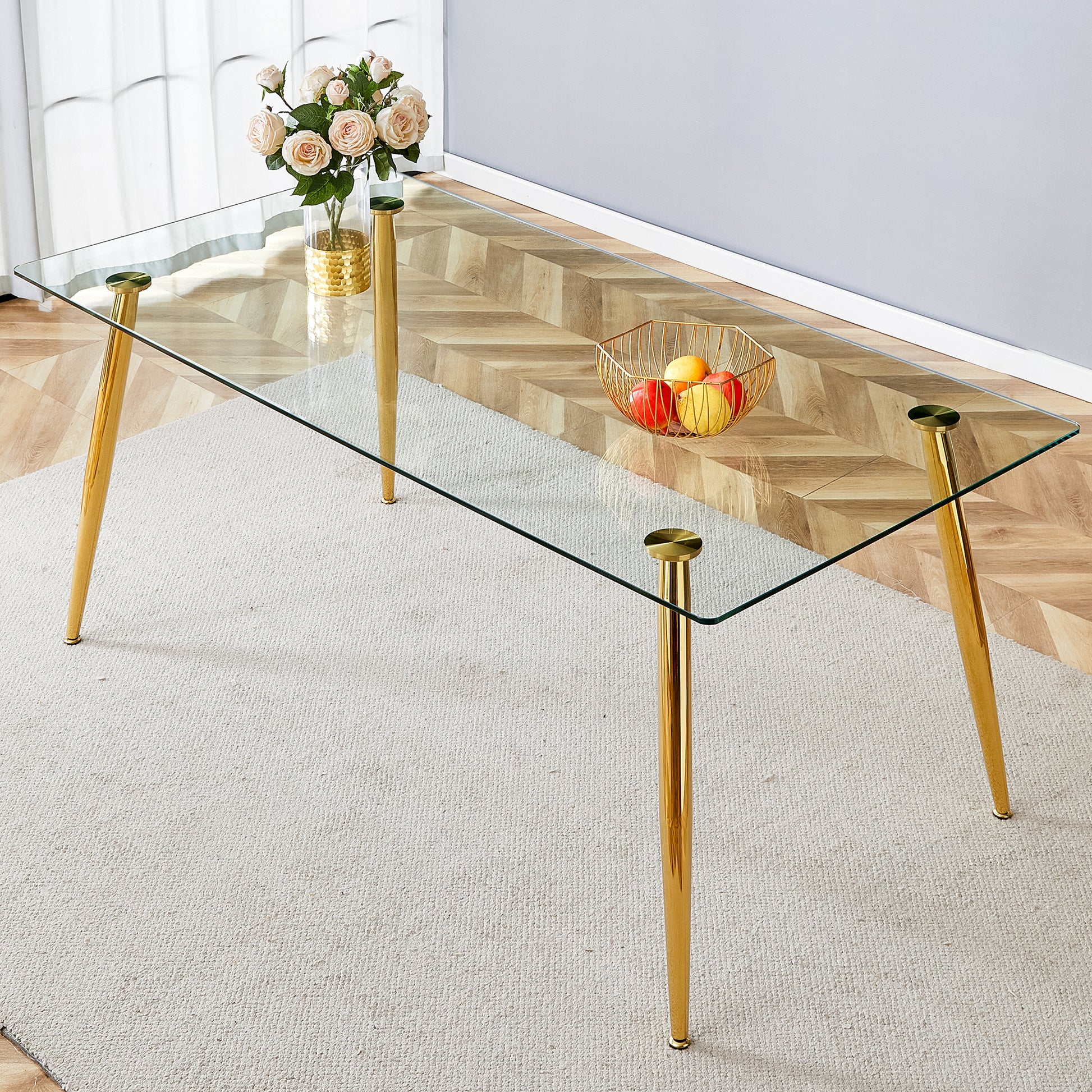 Modern Rectangular Glass Dining Table, Suitable For 4 6 People, With Tempered Glass Countertop And Gold Metal Legs, Writing Desk, Suitable For Kitchen, Dining Room And Living Room Transparent Glass