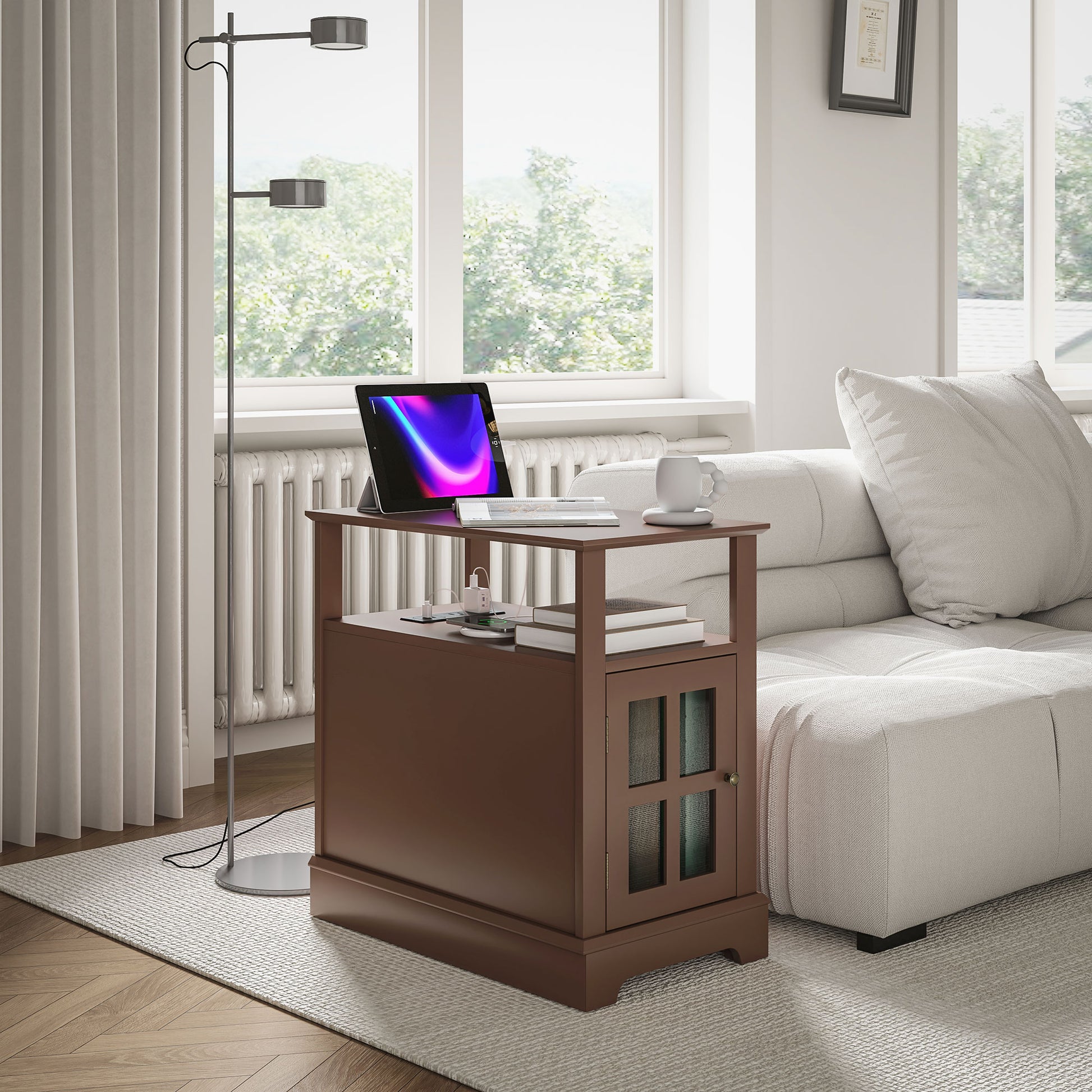 Homcom End Table With Charging Station, Narrow Side Table With Usb Ports And Outlets, Small Table With Hidden Storage And Open Shelf For Living Room, Brown Brown Mdf