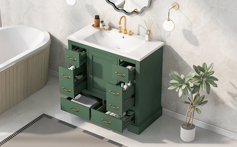 36" Bathroom Vanity With Sink Combo, Six Drawers, Multi Functional Drawer Divider, Adjustable Shelf, Green Green Solid Wood Mdf