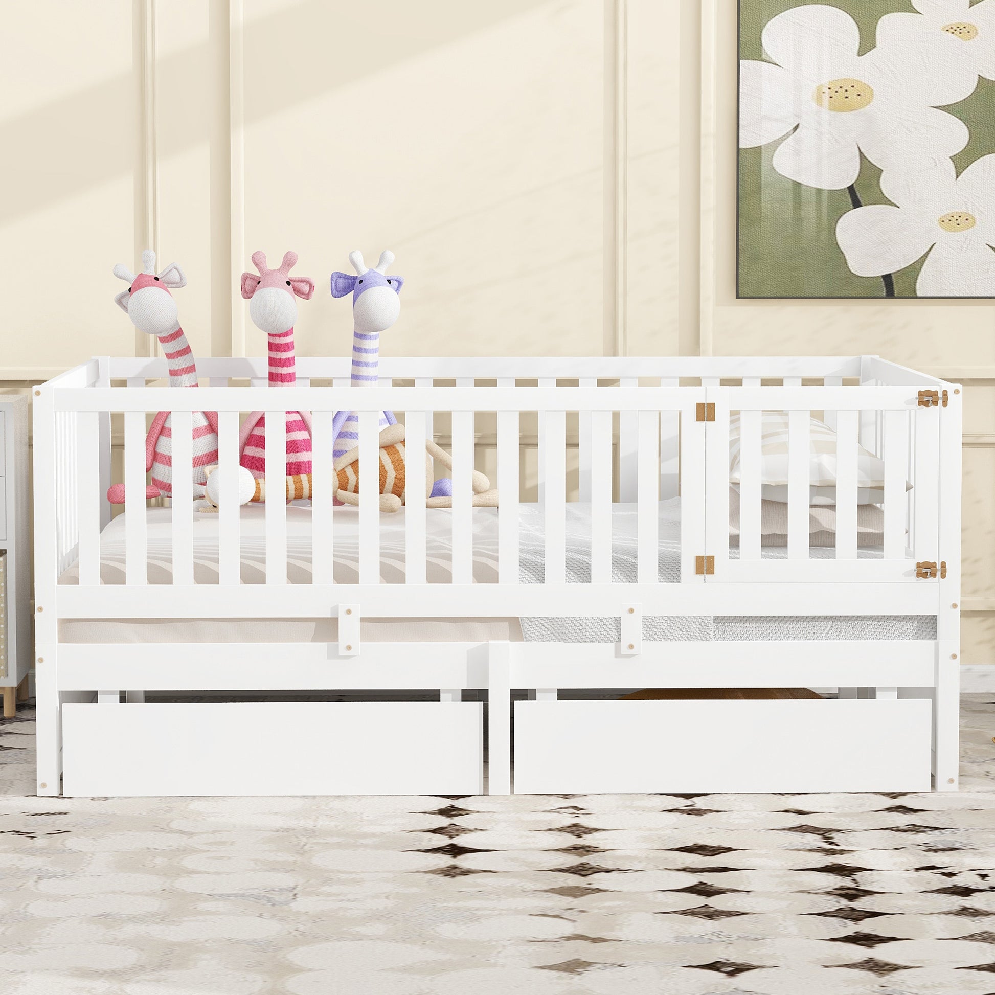 Full Size Wood Daybed With Fence Guardrails And 2 Drawers, Split Into Independent Floor Bed & Daybed, White Old Sku :Lp000882Aak Full White Solid Wood Mdf