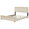 Queen Size Upholstered Platform Bed With Pull Point Headboard And Metal Wire Frame At The Head And Foot Of The Bed, Metal Feet, Velvet, Beige Queen Beige Mdf Lvl