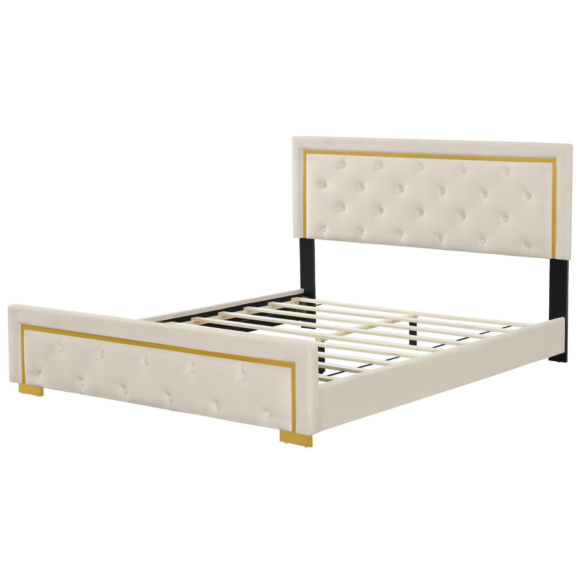 Queen Size Upholstered Platform Bed With Pull Point Headboard And Metal Wire Frame At The Head And Foot Of The Bed, Metal Feet, Velvet, Beige Queen Beige Mdf Lvl