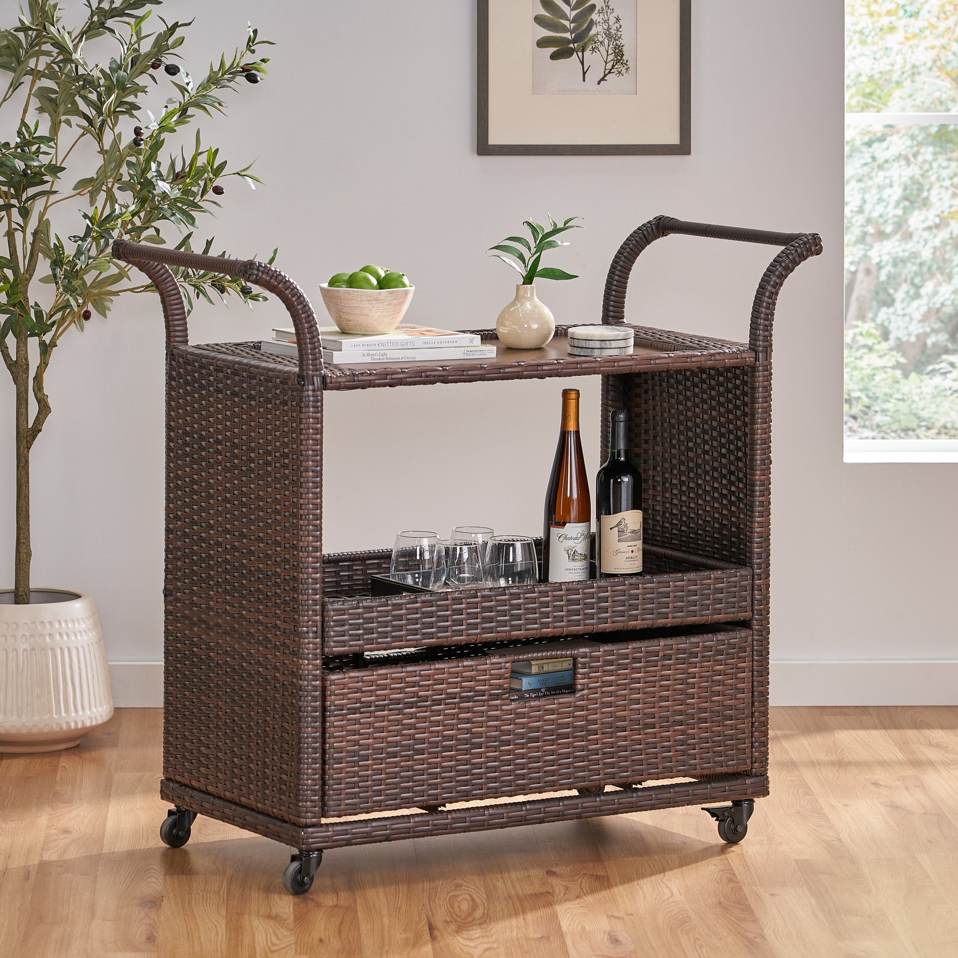 Corona Bar Cart Brown Pe Rattan Iron