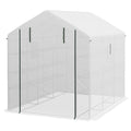 Outsunny 8' X 6' X 7' Walk In Greenhouse With Mesh Door And Windows, 18 Shelf Green House With Trellis, Plant Labels, Uv Protective For Growing Flowers, Herbs, Vegetables, Saplings, White White Steel