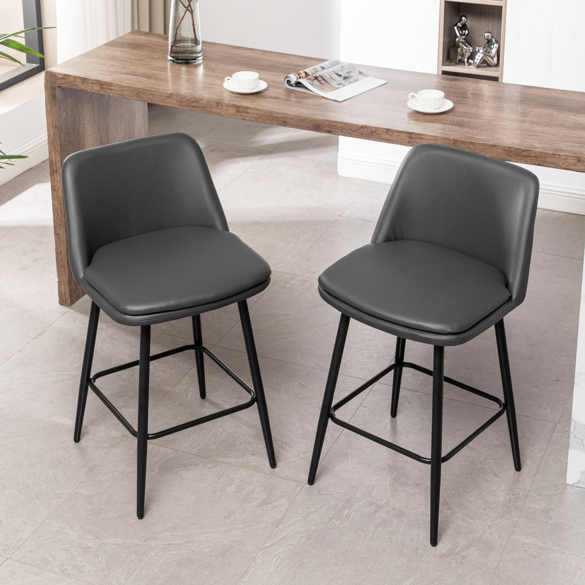 Counter Height Swivel Bar Stools Set Of 2, 360 Swivel Upholstered Barstools With Back And Metal Legs, 25.6" Seat Height,Counter Stools For Kitchen Island And Pub,Faux Leather,Grey Dark Grey Set Of 2