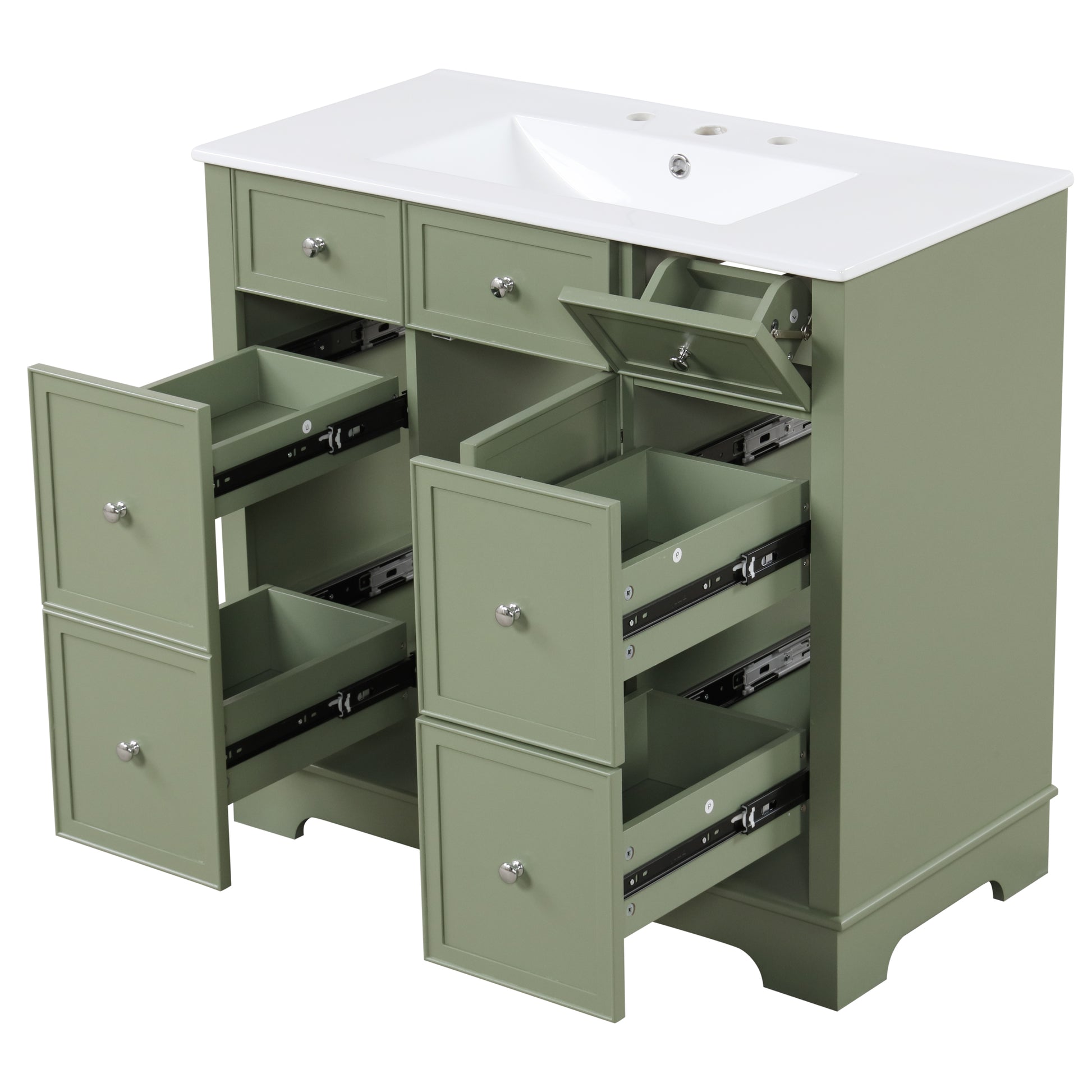 36" Bathroom Vanity With Sink, One Cabinet With Three Drawers And One Flip Drawer, Solid Wood And Mdf Board, Green Green Solid Wood Mdf