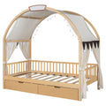 Twin Size Bed With Arched Roof And 2 Drawers, Natural Twin Natural Plywood