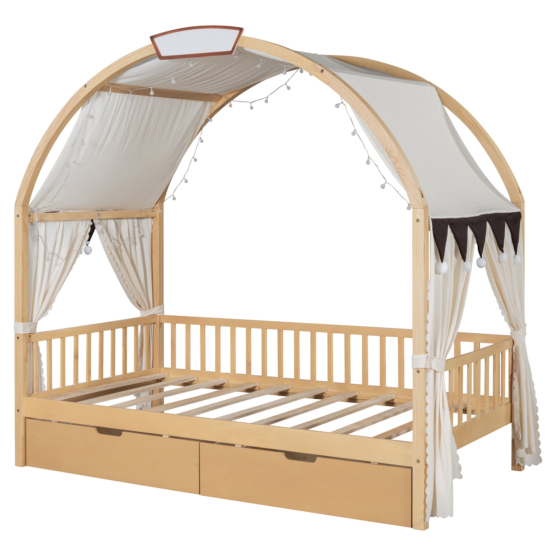 Twin Size Bed With Arched Roof And 2 Drawers, Natural Twin Natural Plywood