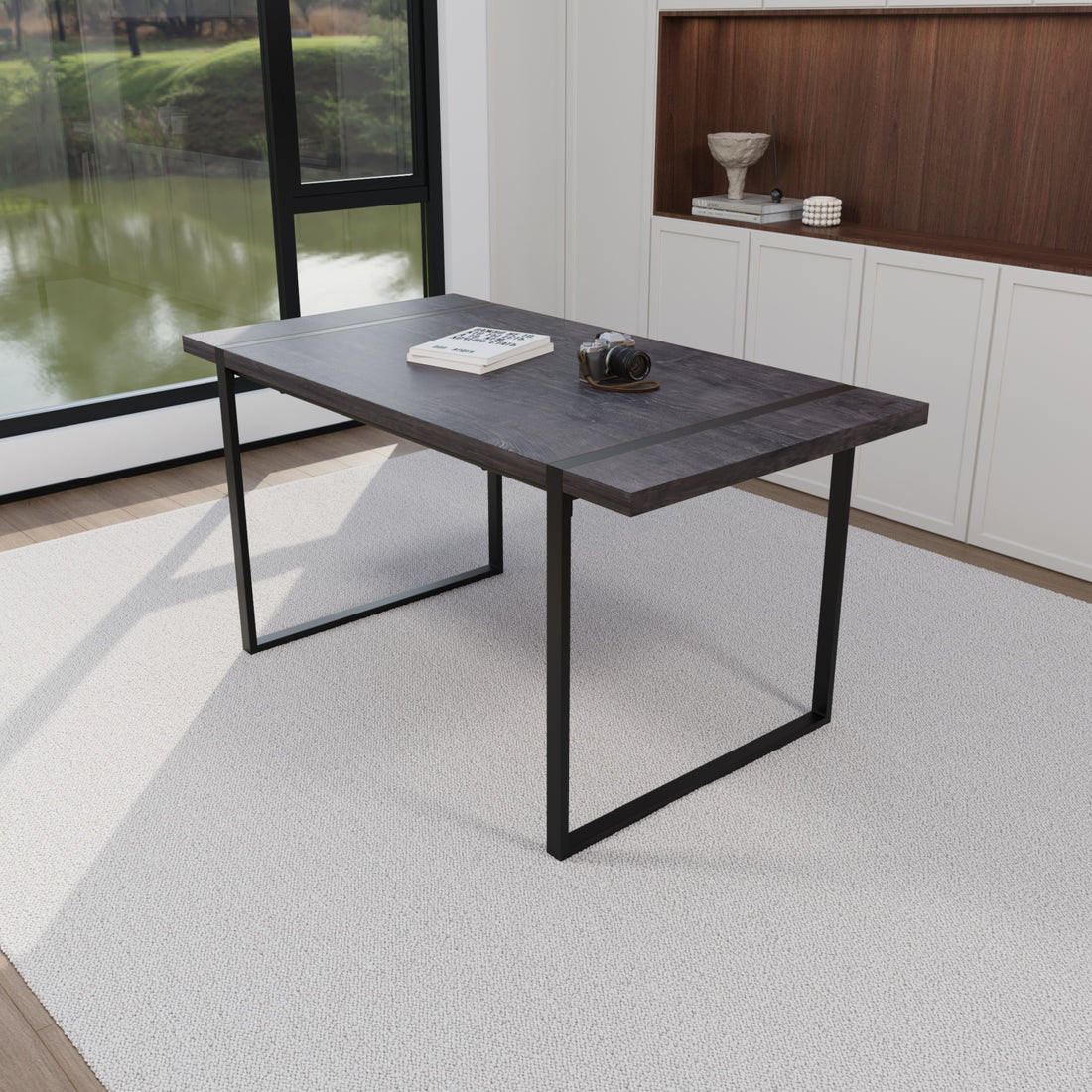 59 "Rural Industrial Rectangular Mdf Black Dining Table, 4 6 People, 1.5" Thick Engineering Wood Tabletop And Black Rectangular Metal Legs, Used For Writing Desk, Kitchen, Terrace, Dining Room Black Kitchen Mdf