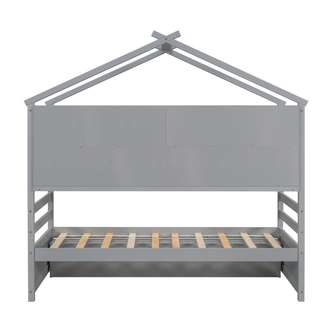 Twin House Bed With Roof Frame, Bedside Shelves, Under Bed Storage Unit,Grey Twin Grey American Design Pine