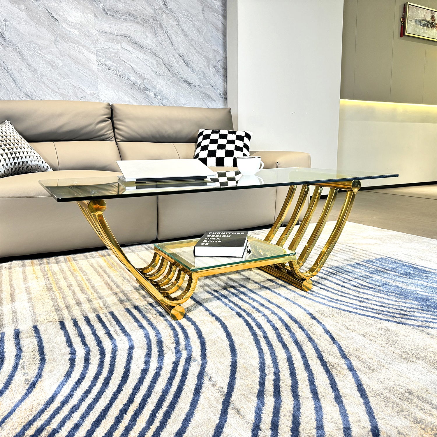 47" Rectangle Modern Stainless Steel Coffee Table, Double Layer Clear Tempered Glass Coffee Table, Center Table Table With Storage, For Living Room Home Office, Easy Assembly, Gold Clear,Gold Modern