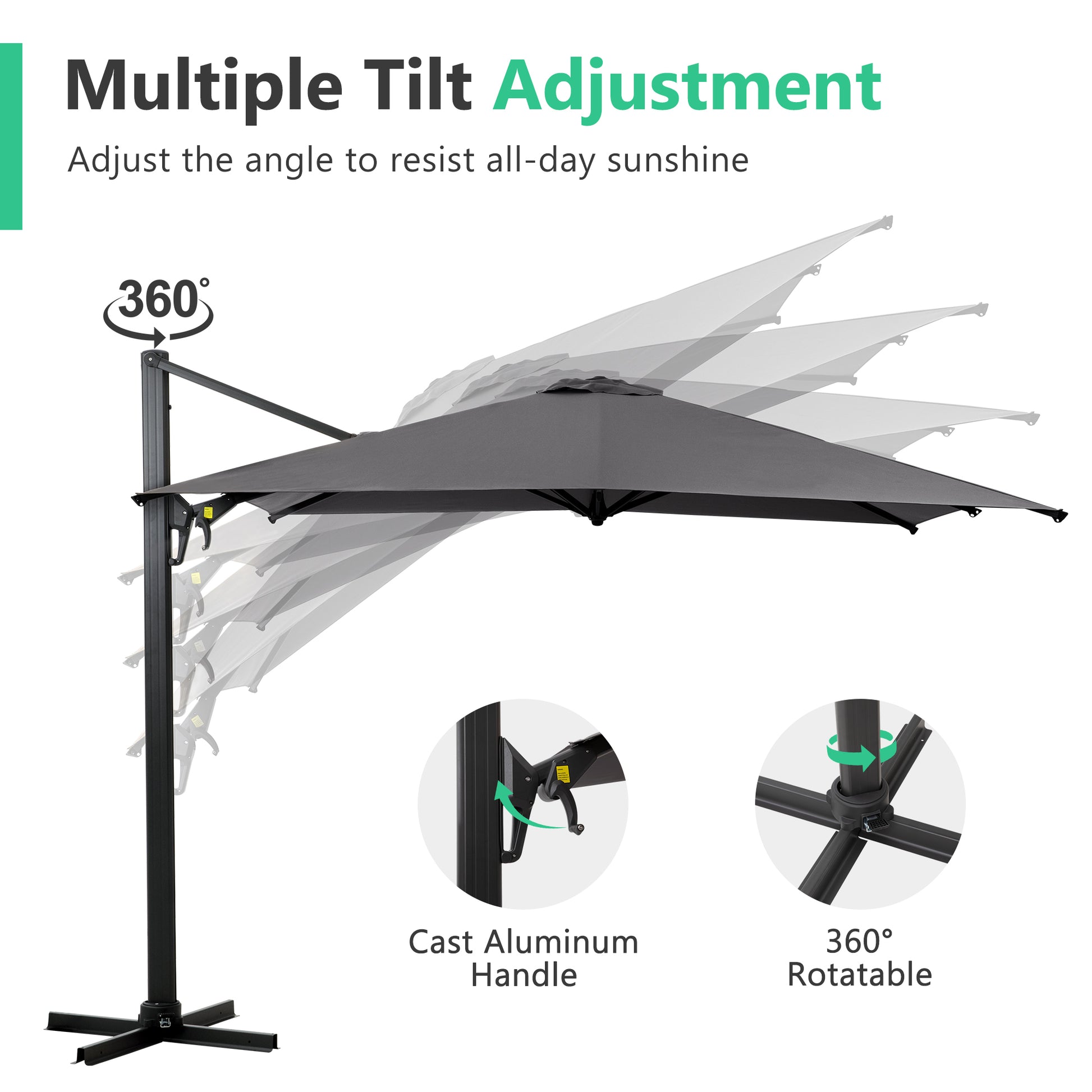 10 Ft Cantilever Patio Umbrella With 360 Rotation & Tilt Adjustment, Square Outdoor Offset Umbrella With Aluminum Pole Grey Grey Fabric