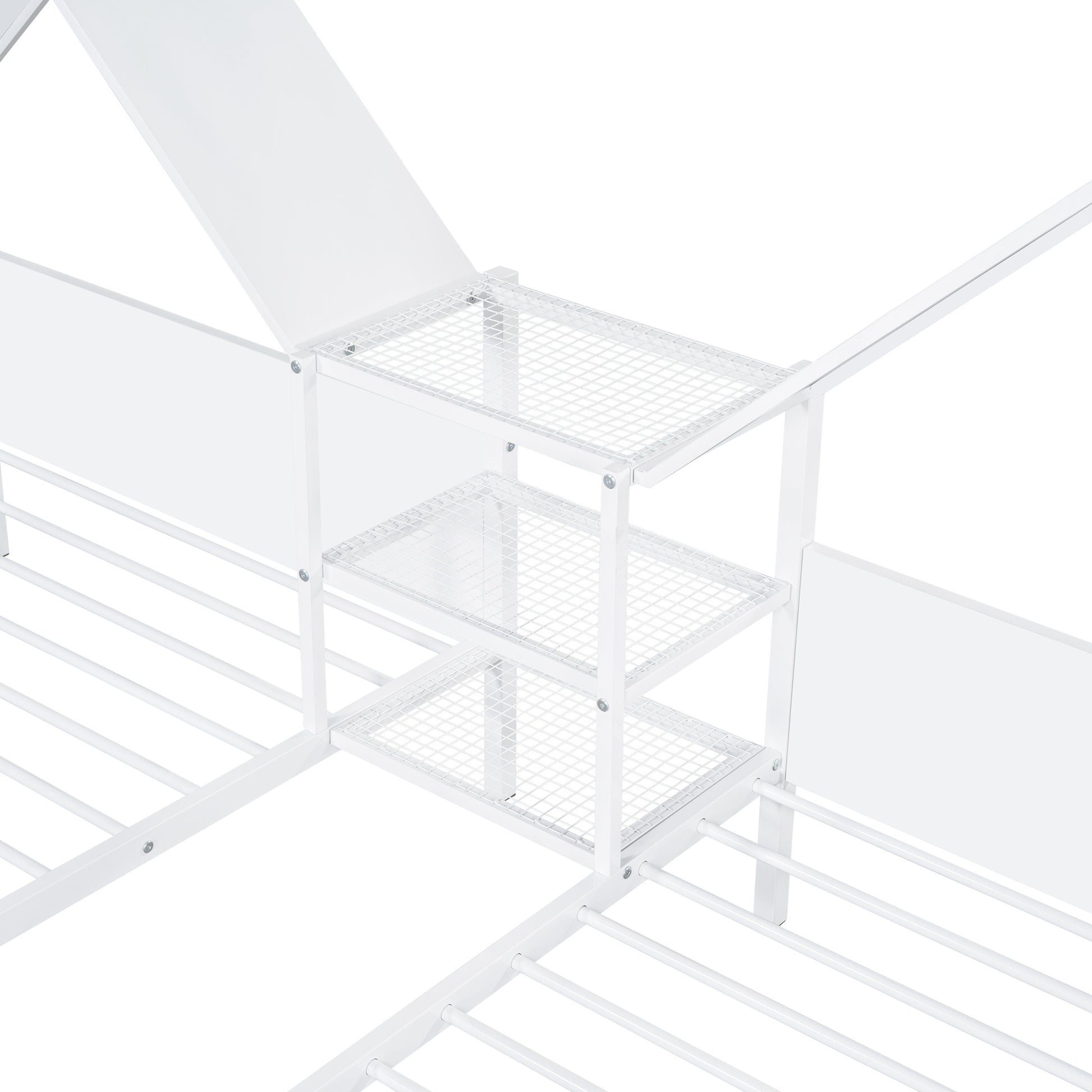 Metal Double Twin Size Platform Bed With House Shaped Headboard And A Built In Nightstand, White Box Spring Not Required Twin White Metal Metal
