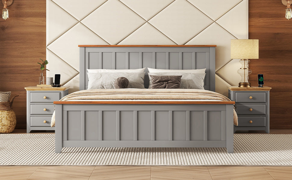 Queen Size Wood Platform Bed Wooden Slat Support, Vintage Simple Bed Frame With Rectangular Headboard And Footboard, Grey Box Spring Not Required Queen Grey Wood