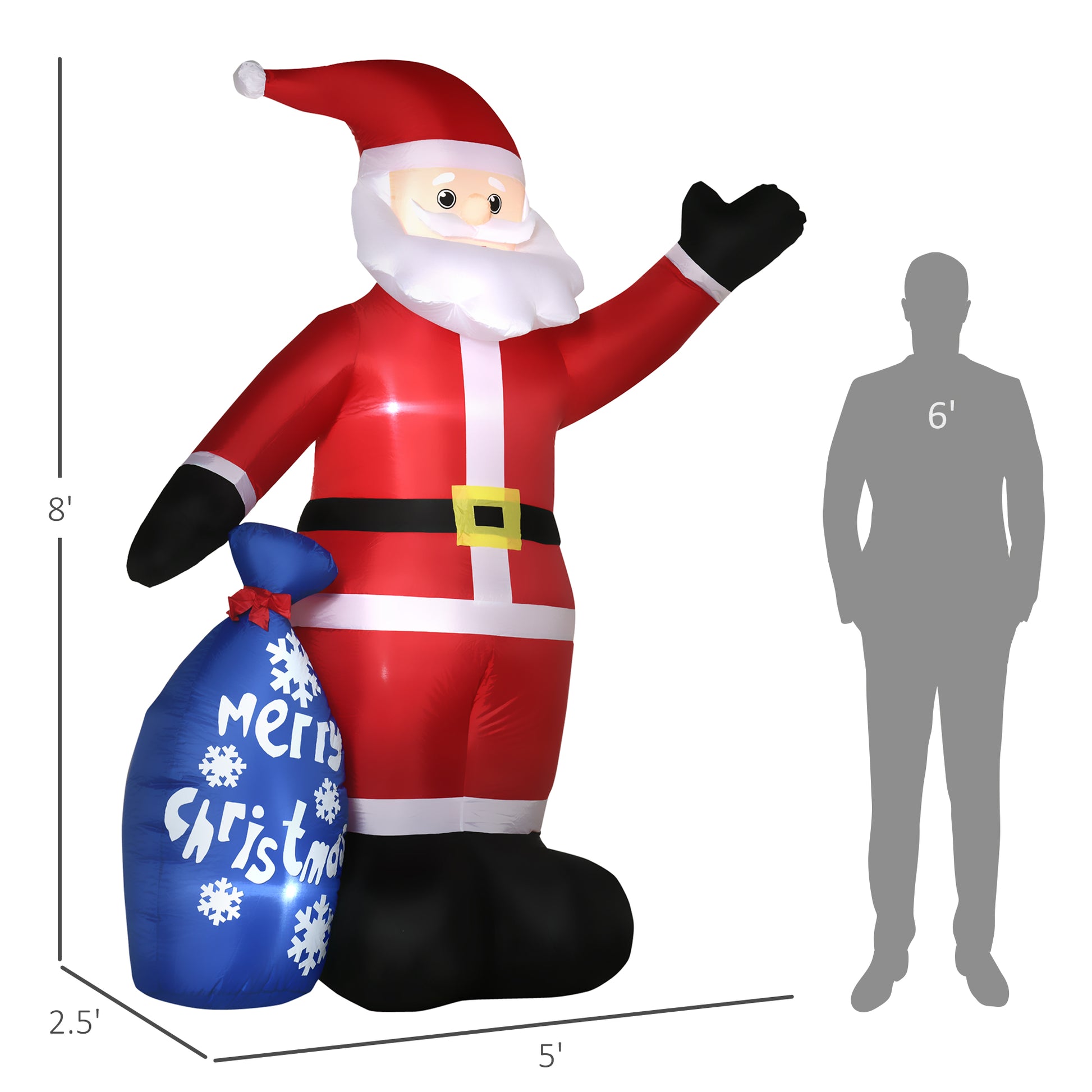 Outsunny 8Ft Christmas Inflatables Outdoor Decorations Smiling Santa Claus With Gift Bag, Blow Up Led Yard Christmas Decor For Lawn Garden Party Red Polyester